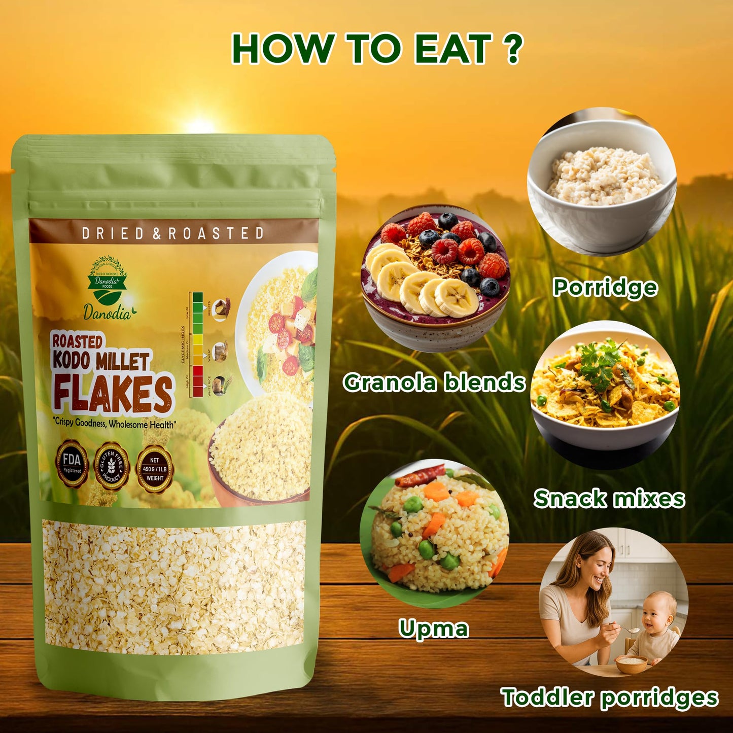 Danodia Foods Kodo Millet Flakes (450g/17oz) | Roasted & Ready-to-Eat | Wholesome Breakfast Cereal | Ideal for Porridge, Pudding