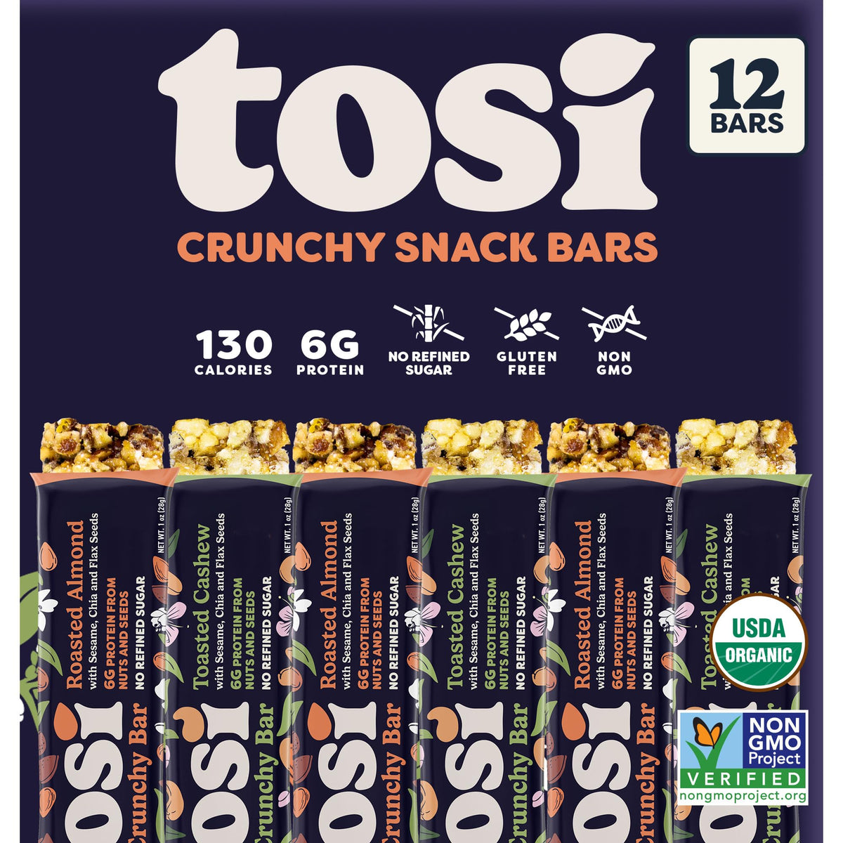 Tosi Almond and Cashew Protein Bars Combo, Plant Based with Nuts, Gluten-Free Crunchy Snacks, Vegan, Organic, Flax & Chia Seeds,