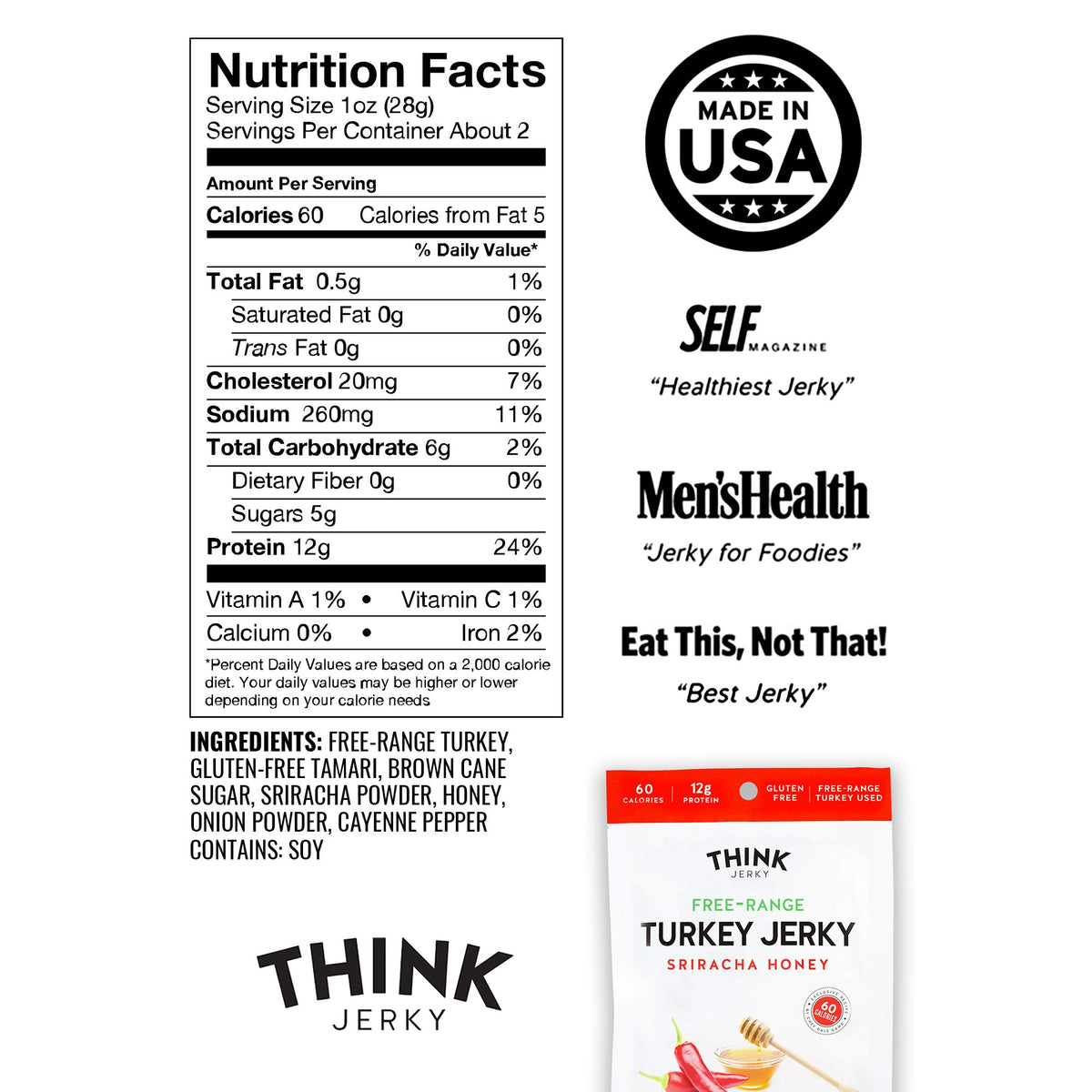 Think Jerky Sriracha Honey Turkey Jerky - Gluten Free, Low Calorie Snack, 2.2 Ounce Bags, Pack of 4