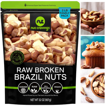 Nut Cravings - Raw Broken Brazil Nuts, Unsalted, No Shell, Whole, (32Oz - 2 Lb) Bulk Nuts Packed Fresh In Resealable Bag - Koshe