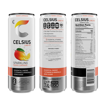 Celsius Sparkling Mango Lemonade, Functional Energy Drink 12 Fl Oz (Pack Of 12)