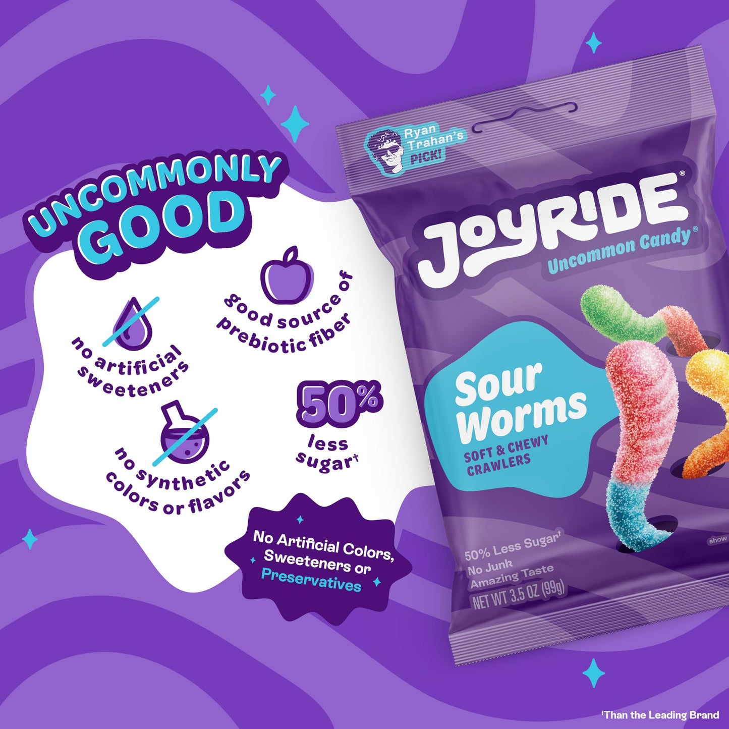 Joyride Sour Worms - 3.5 Oz 6-Pack Bundle With 2.5Oz Glacial Peppermint Gum, Low Sugar, Low Calorie Snacks, Dye Free And Plant B
