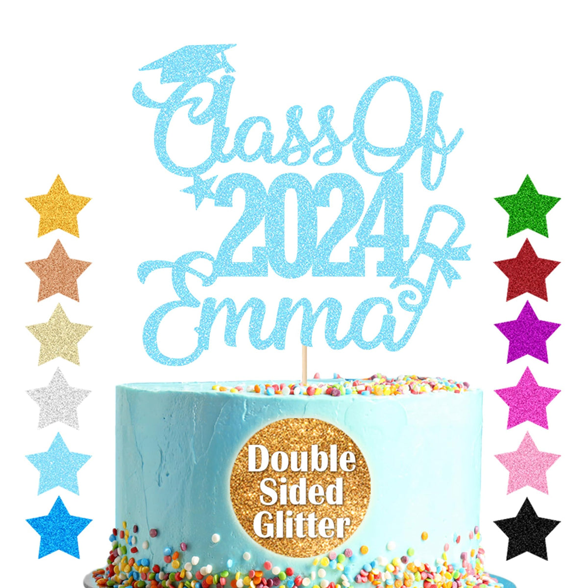 Personalized Cake Topper Custom Congrats Graduation Hat Student Class Of 2024 Double Sided Glitter Card Baby Blue