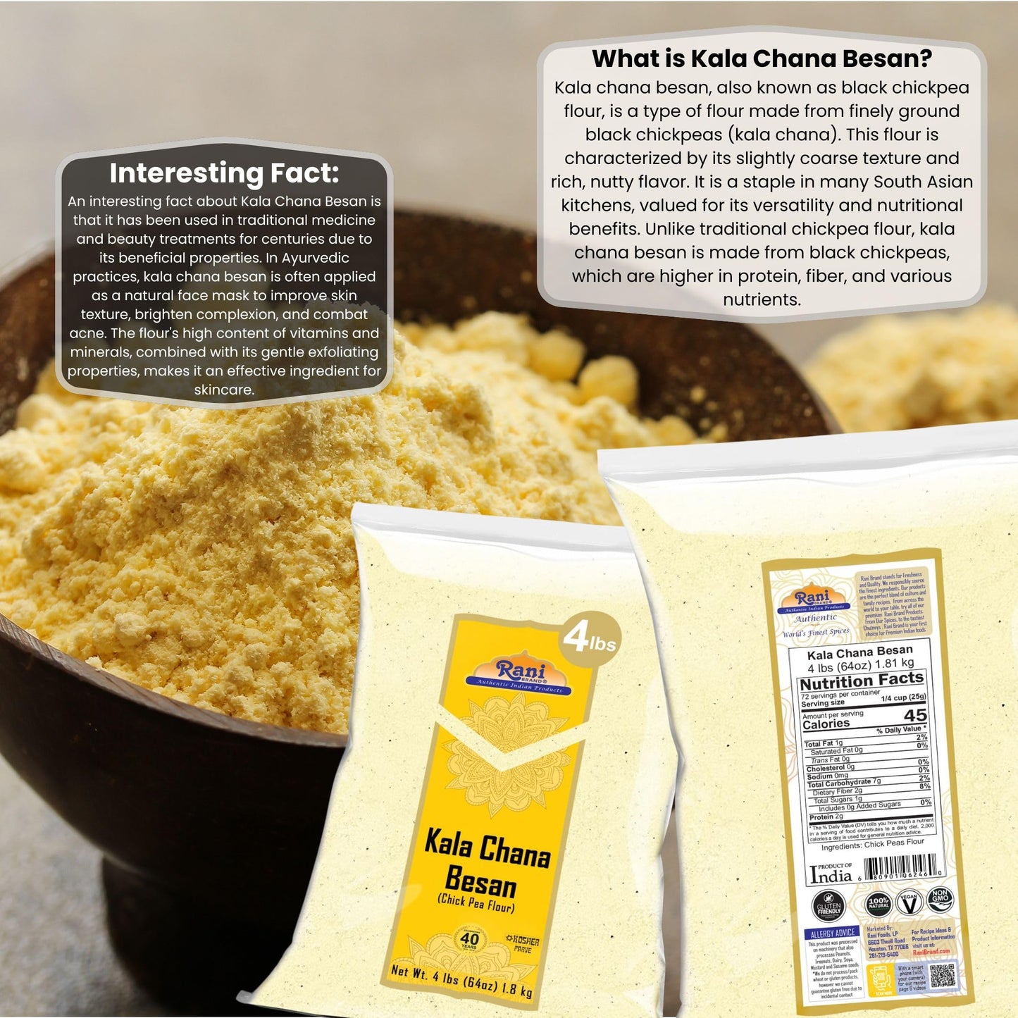 Rani Kala Chana Besan (Chick Peas Flour) 64Oz (4Lbs) 1.81Kg Bulk ~ All Natural | Vegan | Gluten Friendly | Non-Gmo | Kosher | In
