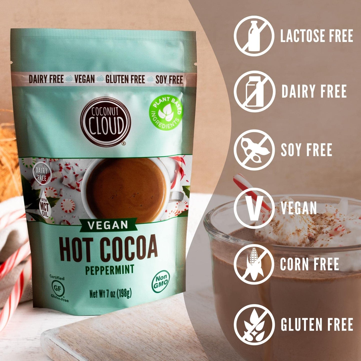 Coconut Cloud Dairy Free Instant Drink - Vegan Coconut Powdered Milk with MCT Oil, Peppermint Cocoa, 7 oz