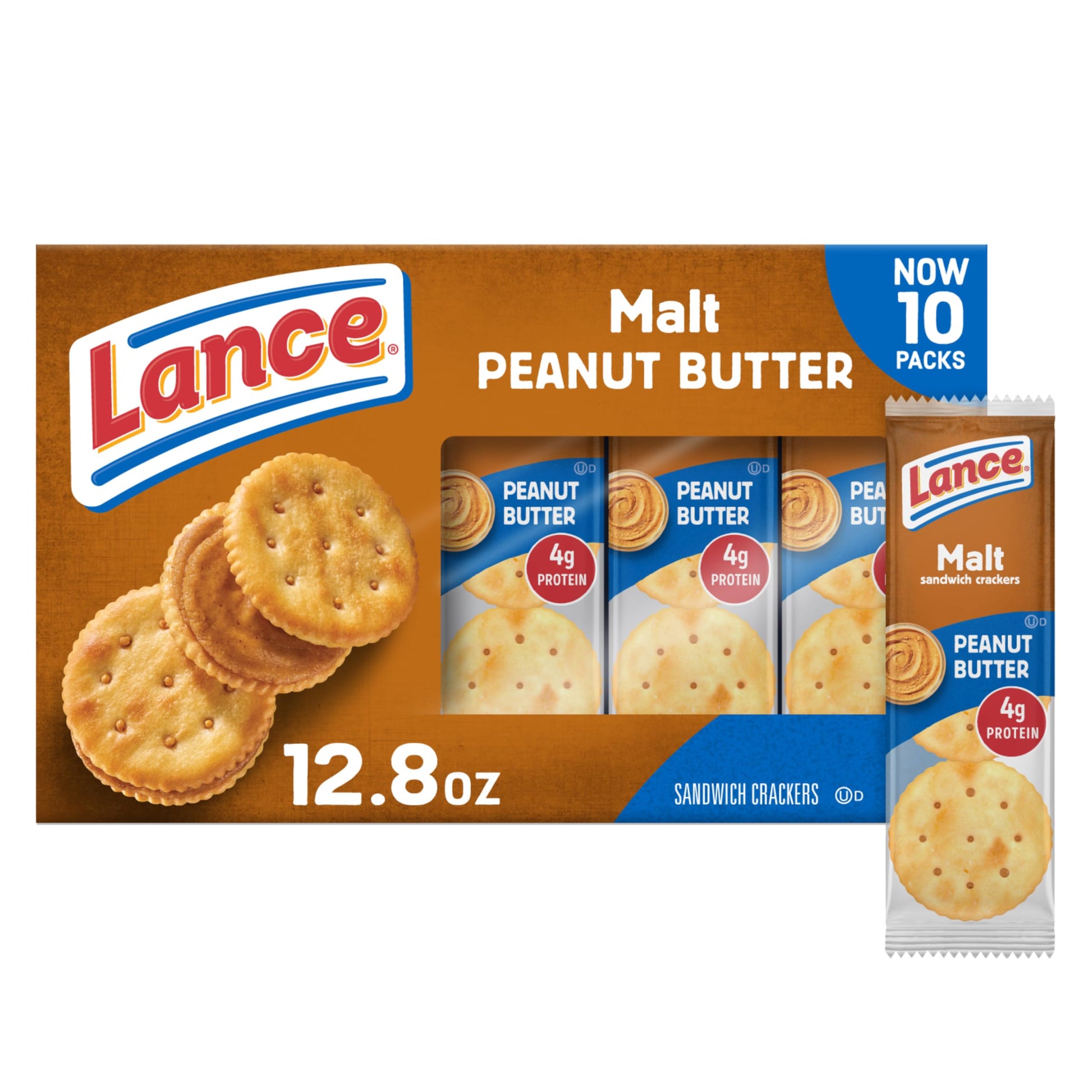 Lance Sandwich Crackers, Malt With Peanut Butter, 10 Individually Wrapped Packs, 6 Sandwiches Each