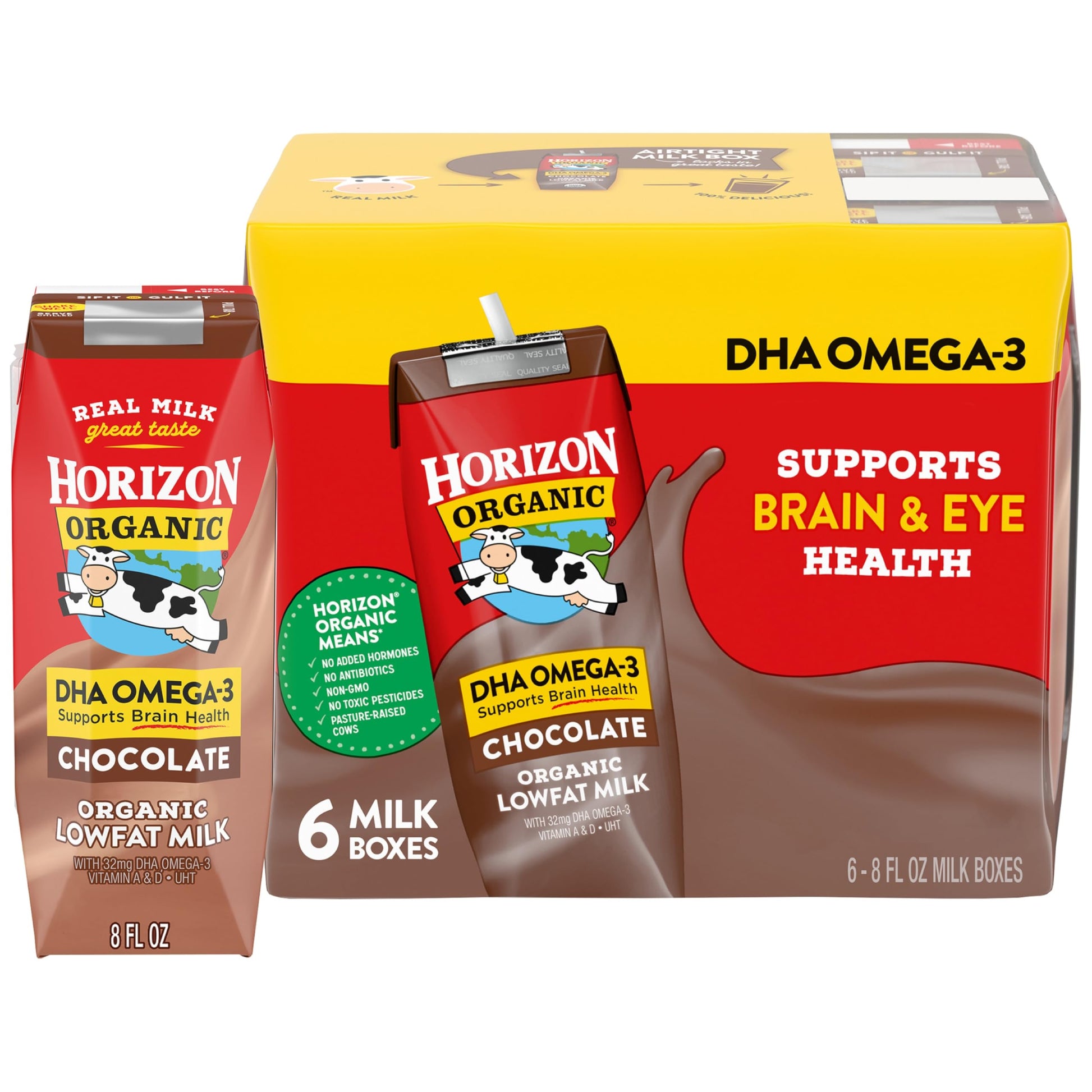 Horizon Organic Shelf Stable 1% Lowfat DHA Omega-3 Chocolate Milk Boxes, 8 fl oz, 6 Count - 8g Protein per Serving, USDA Organic