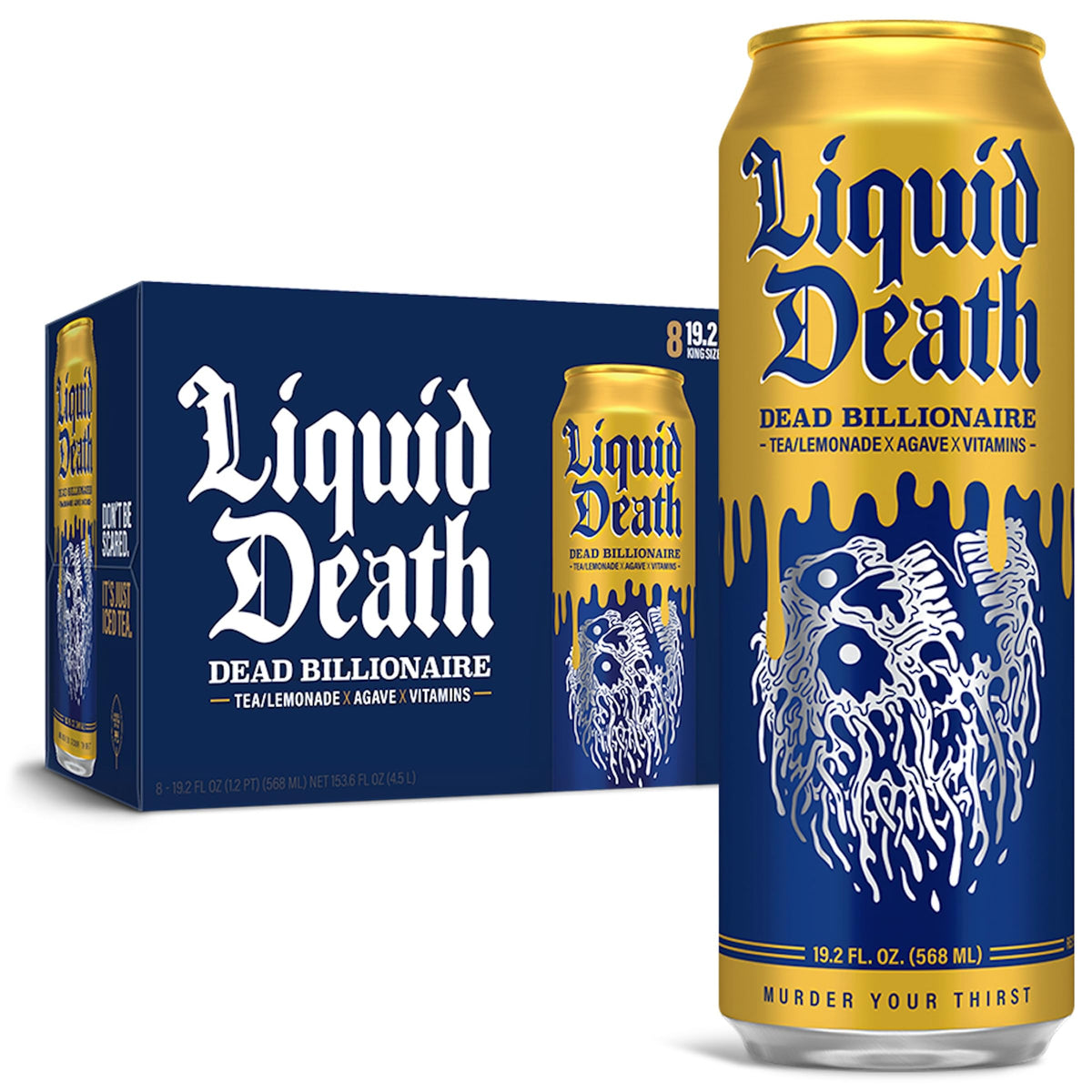 Liquid Death, Dead Billionaire Iced Tea, 8-Pack (King Size 19.2Oz Cans), Half Lemonade Half Black Tea Sweetened With Real Agave,