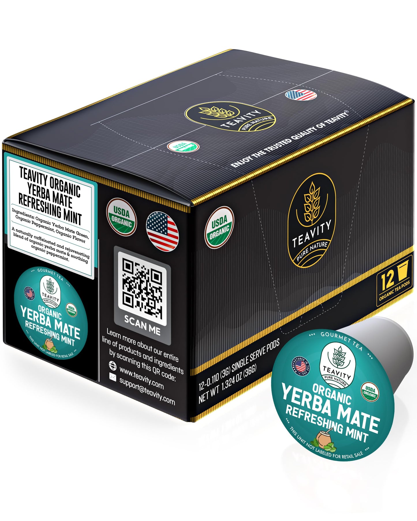 Organic Yerba Mate Refreshing Mint Tea Pods - Naturally Caffeinated Yerba Mate Tea Pod For Keurig Malt-Inspired By Teavity (12 Tea Pods)