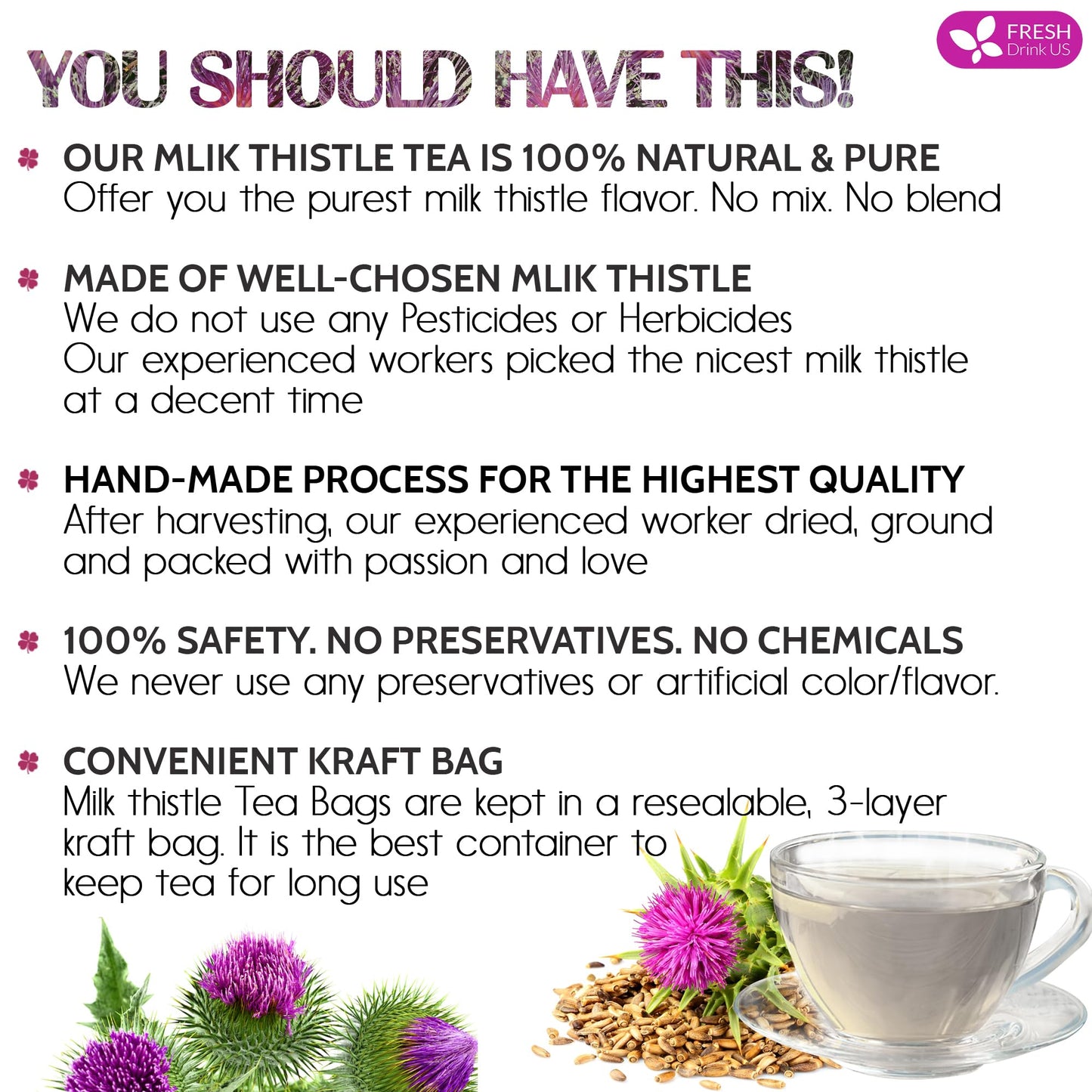 Freshdrinkus, Enhanced 135 Milk Thistle Tea Bags, 100% Natural & Pure From Milk Thistle Seeds. Milk Thistle Seed Herbal Tea. Made With Natural Material Tea Bags. No Sugar, No Caffeine, No Gluten, Vegan.