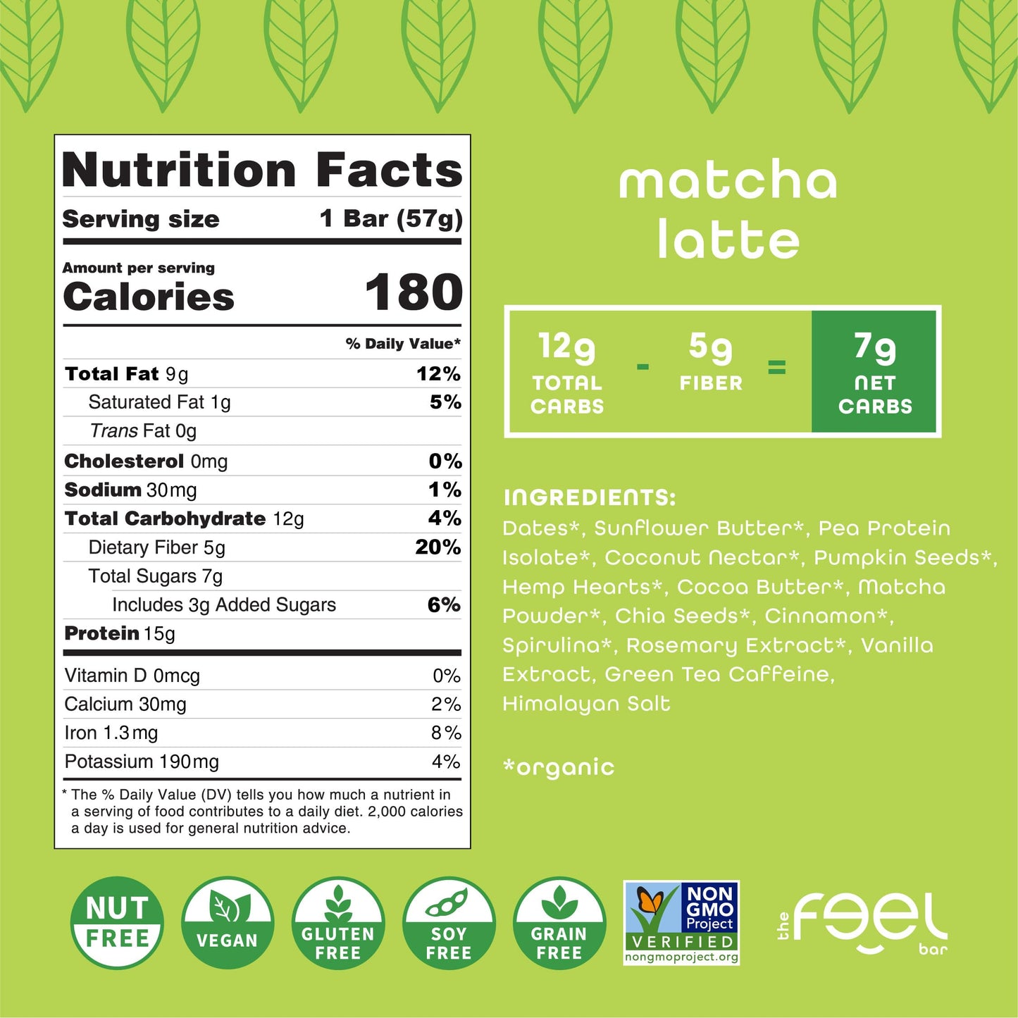 Feel Vegan Protein Bars | Matcha Latte | Keto | Gluten Free | Organic | 15G Plant Protein | Low Carb | High Protein | Dairy Free | Low Sugar | Nut, Grain, Soy Free | Non Gmo | 10 Pack