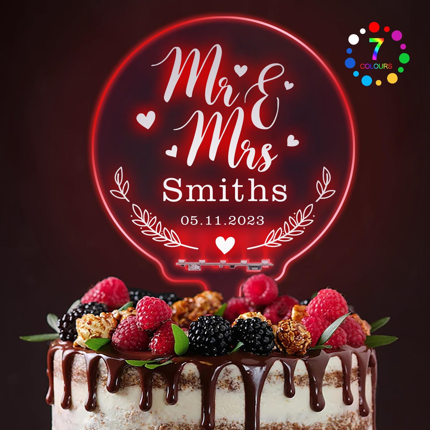 EDSG LED Personalized Wedding Cake Topper, Light Up MR & MRS, 7 Color Changes, Design 1, Plastic