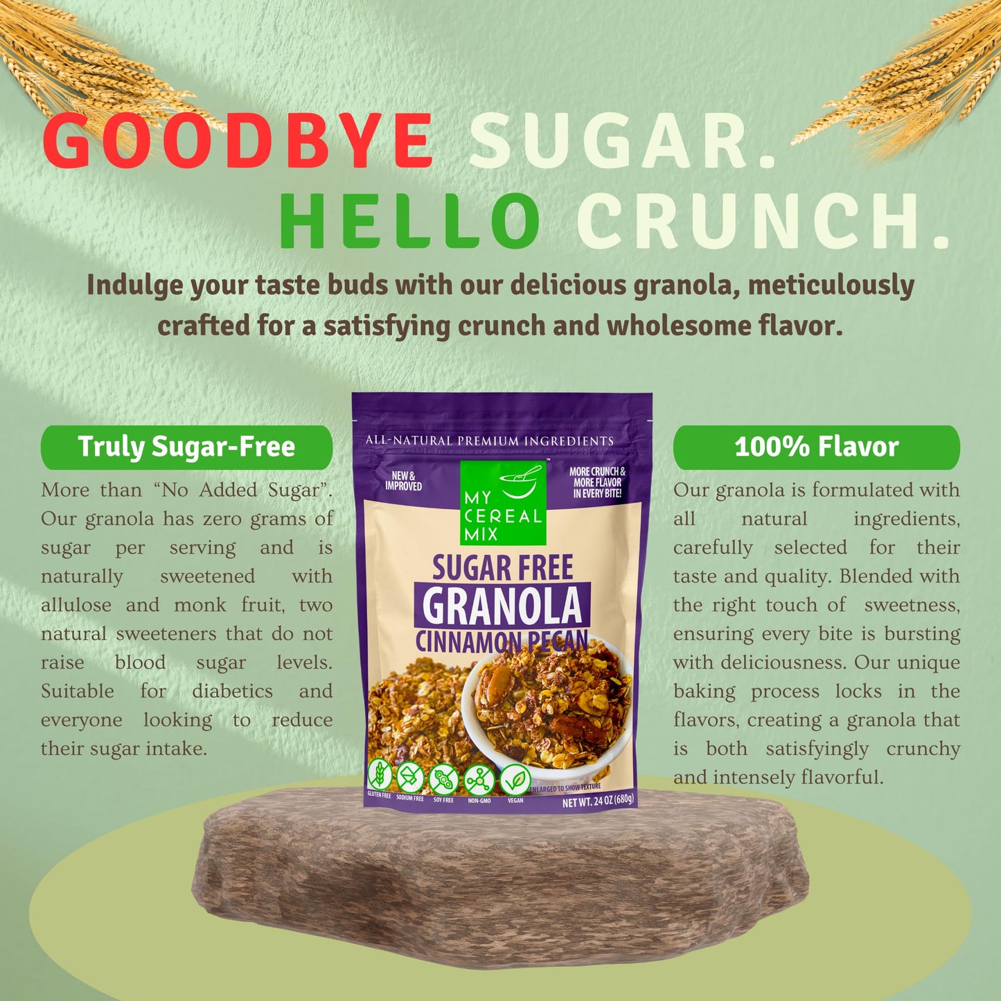 MyCerealMix Sugar Free Granola - Cinnamon Pecan - Natures Crunchy Delight | Gluten Free, Soy Free, Sodium Free, No Sugar Alcohol
