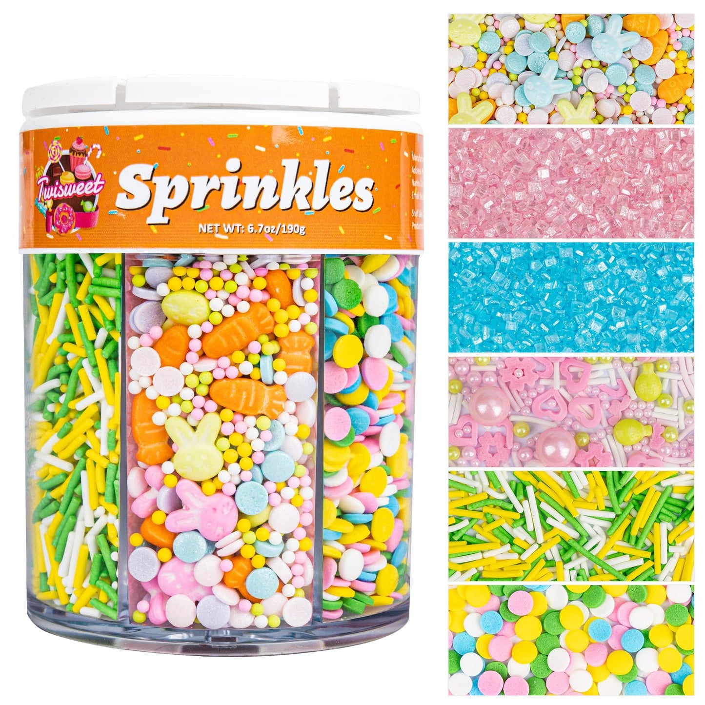 Twisweet Spring Sprinkles 6 Cell - 6.7oz Edible Pearls and Pastel Sanding Sugar for Cake Decorating, Easter Bunny Flower Mix Can