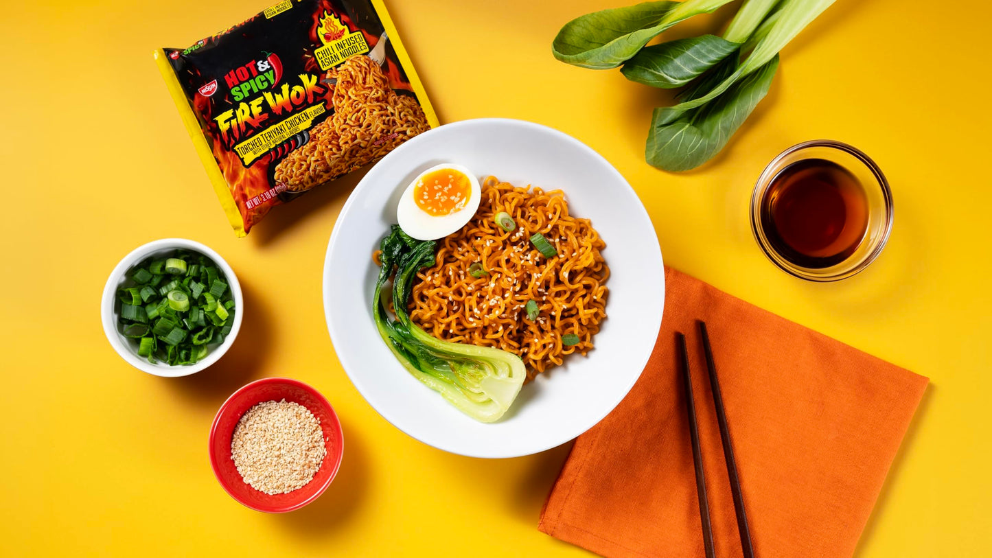 Nissin Fire Wok, Torched Teriyaki Chicken, Hot & Spicy Chile Infused Asian Noodles, 12 Pack