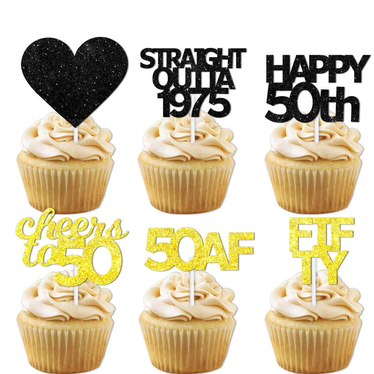 18pcs Black Gold Glitter Dessert Cupcake Pick for Straight Outta 1975 Cheer to 50 Years Old Theme Decor Supplies Happy 50th Birt