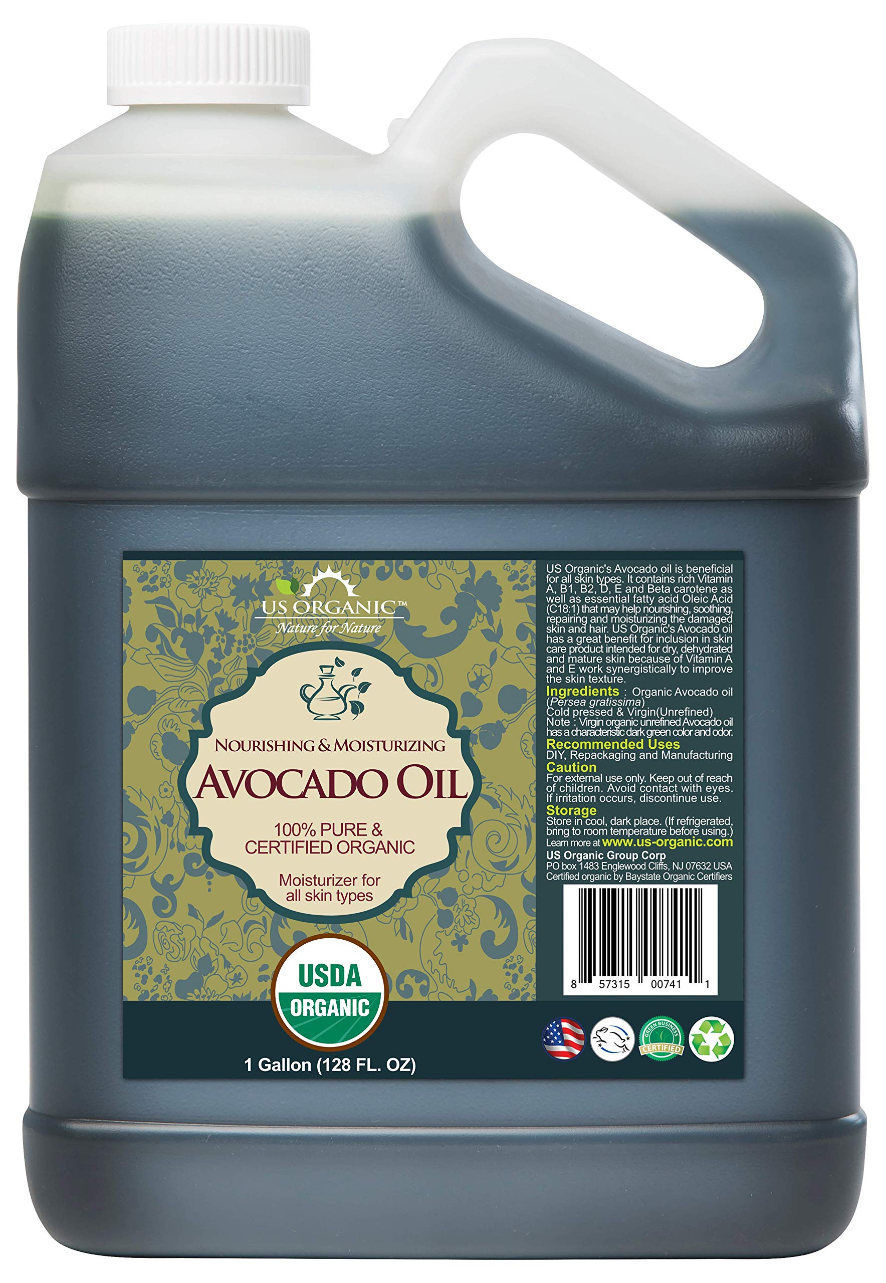 US Organic Avocado Oil Unrefined Virgin, 128 Fl Oz, Cold Pressed, USDA Certified Organic, Dark Green, Model AVOL128