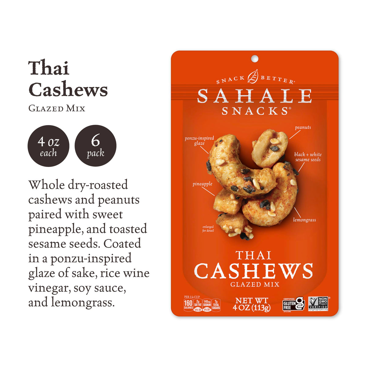Sahale Snacks Thai Cashews Glazed Mix, 4 Ounce Pack of 6, Model 00270692