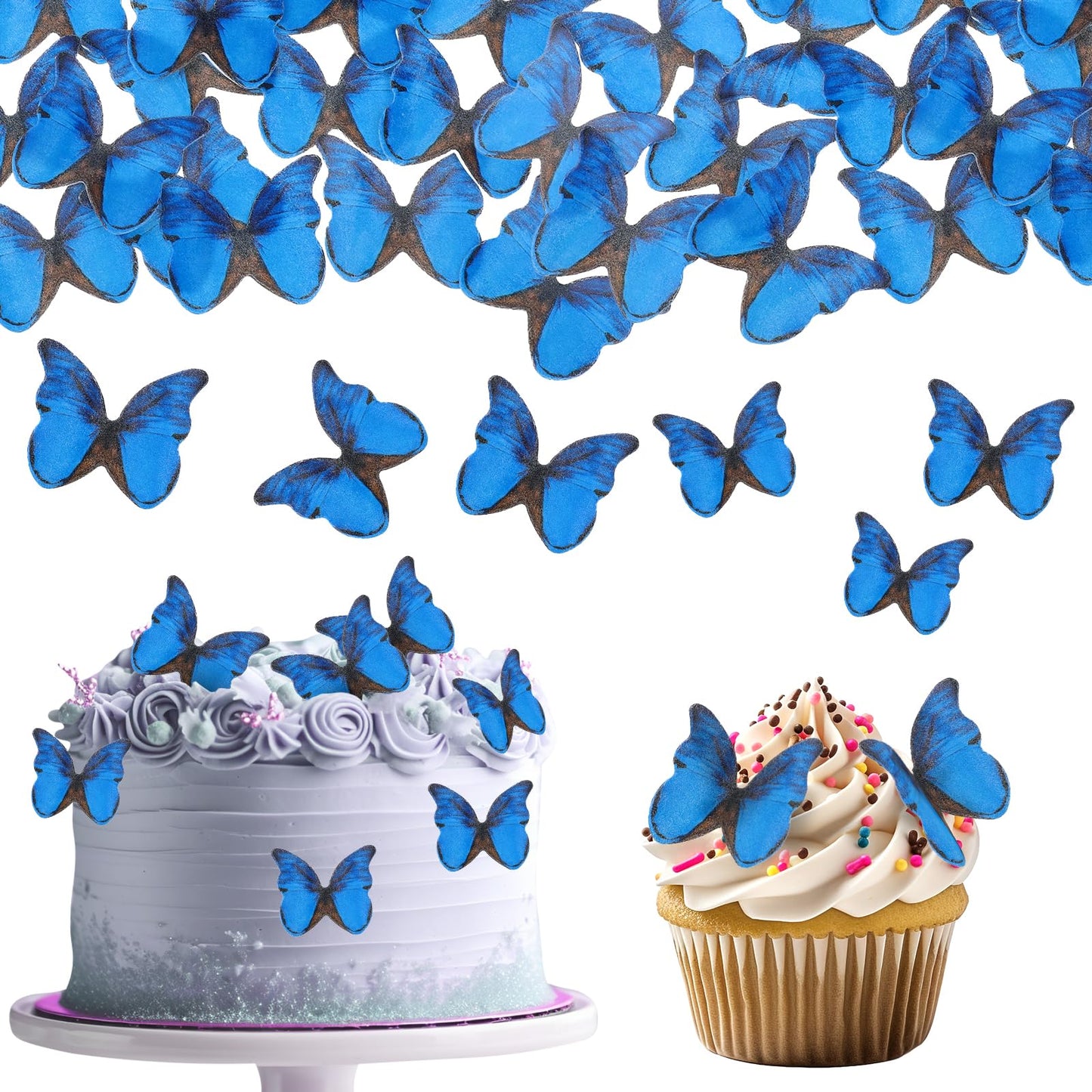 TIESOME Edible Butterflies Cake Toppers, Blue, 4.8cm x 4cm, Paper, 48 Pcs for Weddings, Birthdays, and Parties