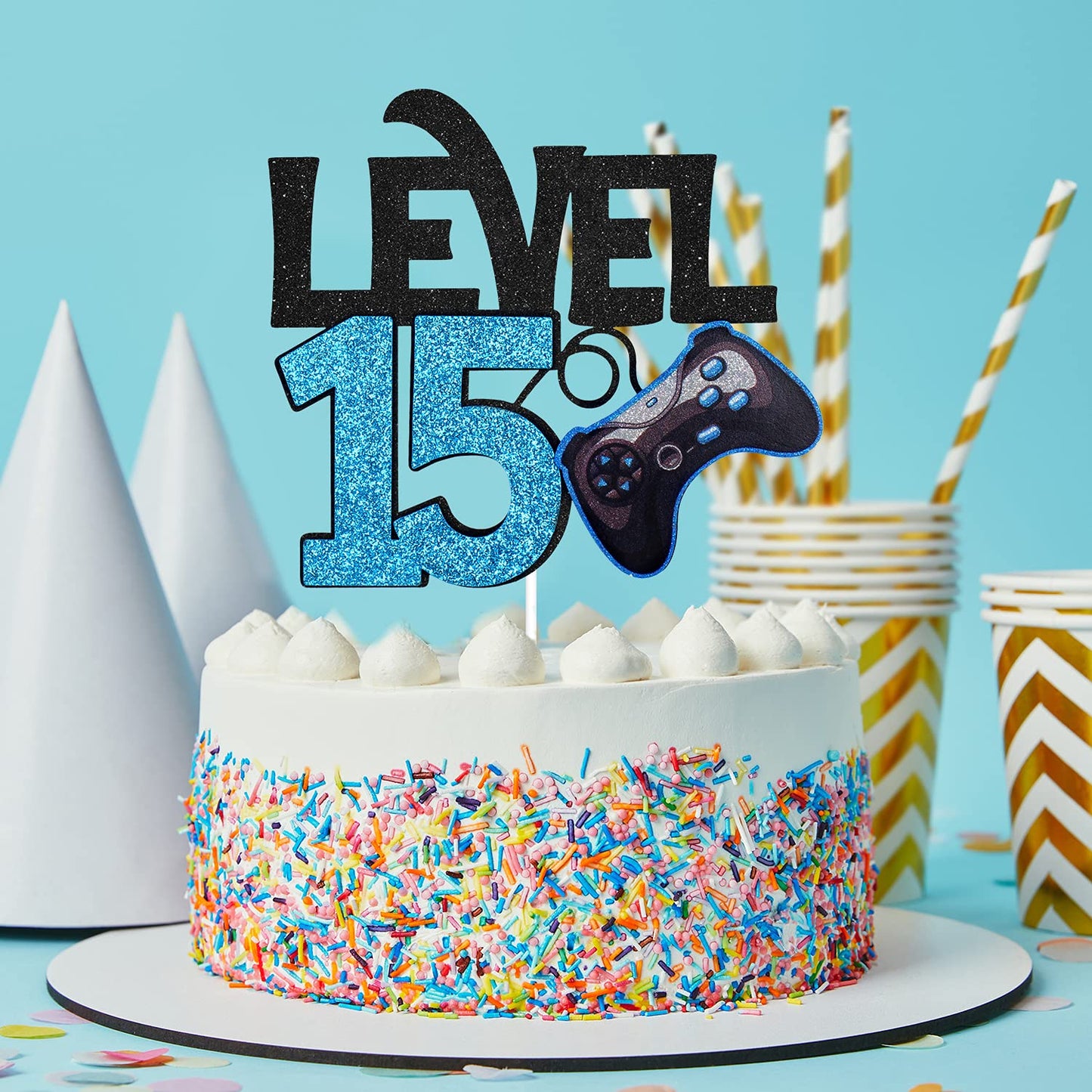 Caiwowo Level 15 Game Birthday Cake Topper - Paper Decoration for Boys 15th Birthday - Blue, Black Gaming Party Supplies