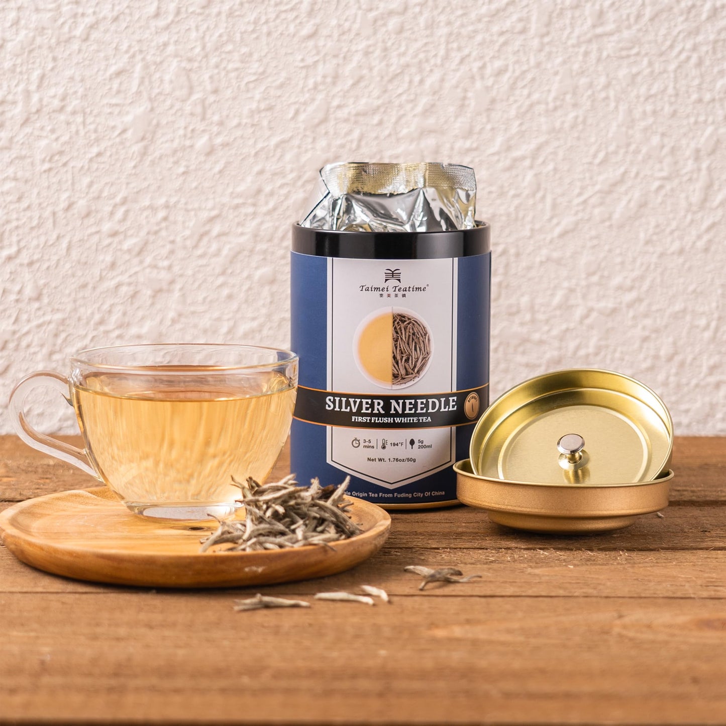 Taimei Teatime Silver Needle White Tea, Loose Leaf, 1.76 oz, Organically Grown, Low Caffeine, High Antioxidant, Yellow Tin