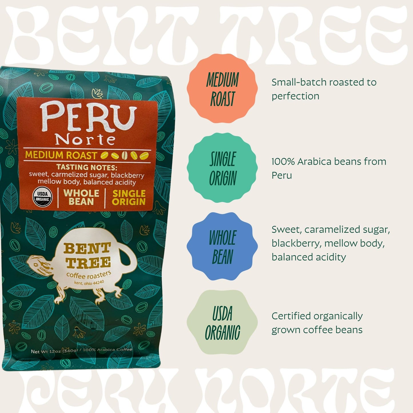 Bent Tree Coffee Roasters Organic Whole Bean Coffee, Medium Roast, 12oz, Balanced Acidity, Caramelized Sugar, Blackberry