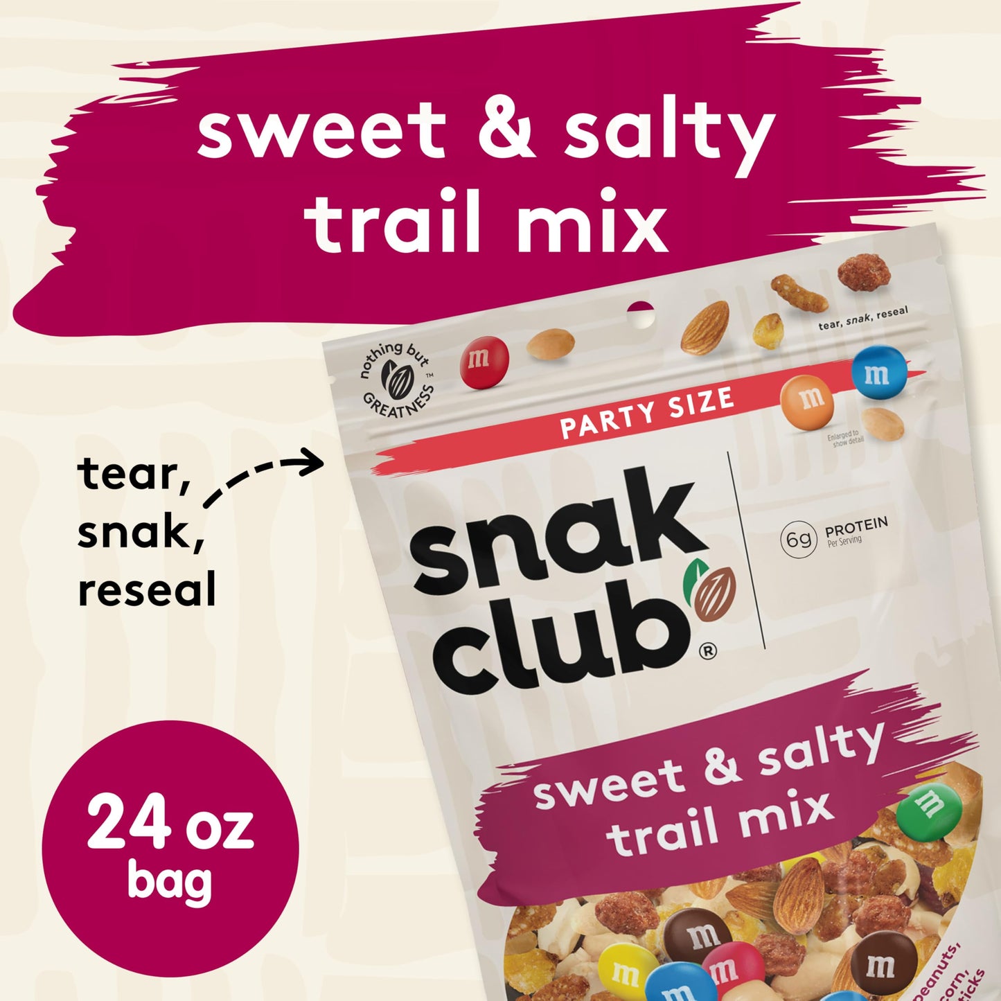 Snak Club Sweet and Salty Trail Mix with Peanuts, Butter Toffee Peanuts, M&MS Chocolate Candies, Toasted Corn, Honey Sesame Sti