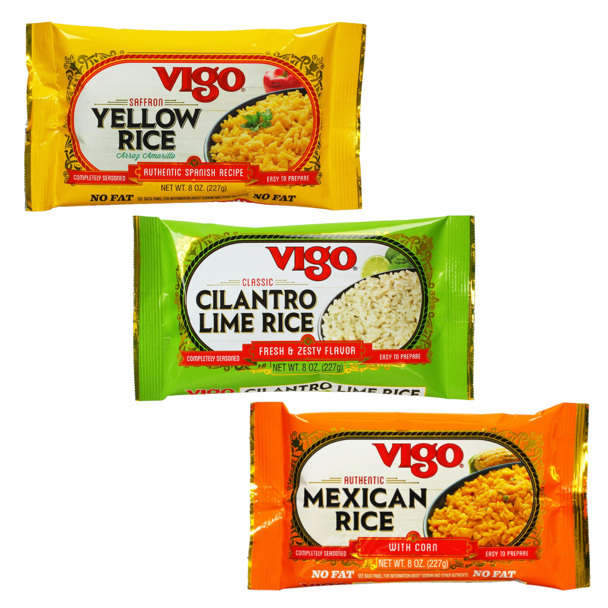 Vigo Authentic Rice Variety Pack, Low Fat, 8oz Pack of 3 (Saffron Yellow Rice, Mexican Rice with Corn, and Cilantro Lime Rice)