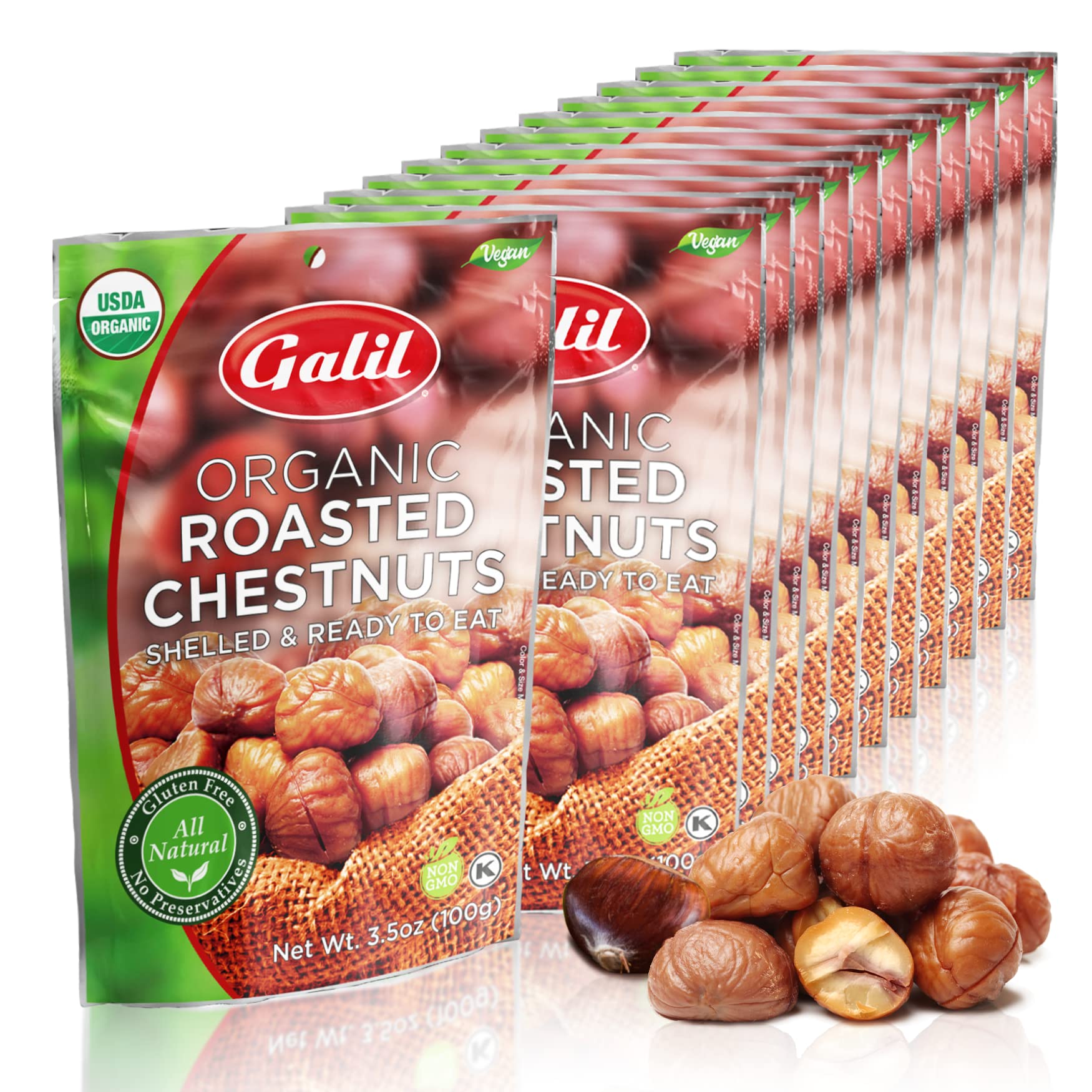 Galil Organic Roasted Chestnuts Pack of 12 Shelled & Ready to Eat - Gluten Free, Vegan, Organic, Non-GMO, Kosher Snacks - Great 