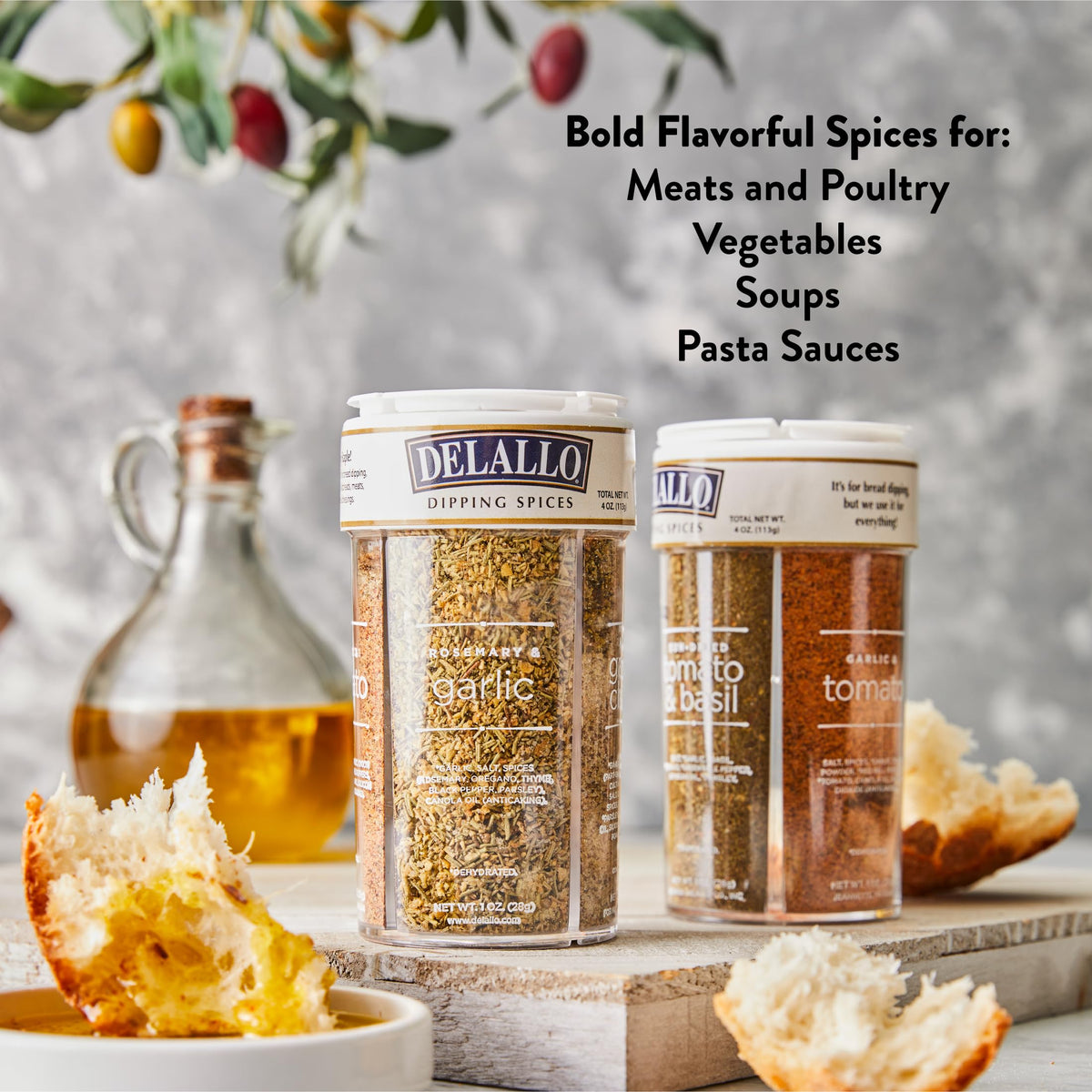 DeLallo Italian Dipping Spices Variety Seasoning Shaker, 4 Ounce Container, 3 Pack, with Garlic, Pepper & Tomato, Sun-Dried Toma