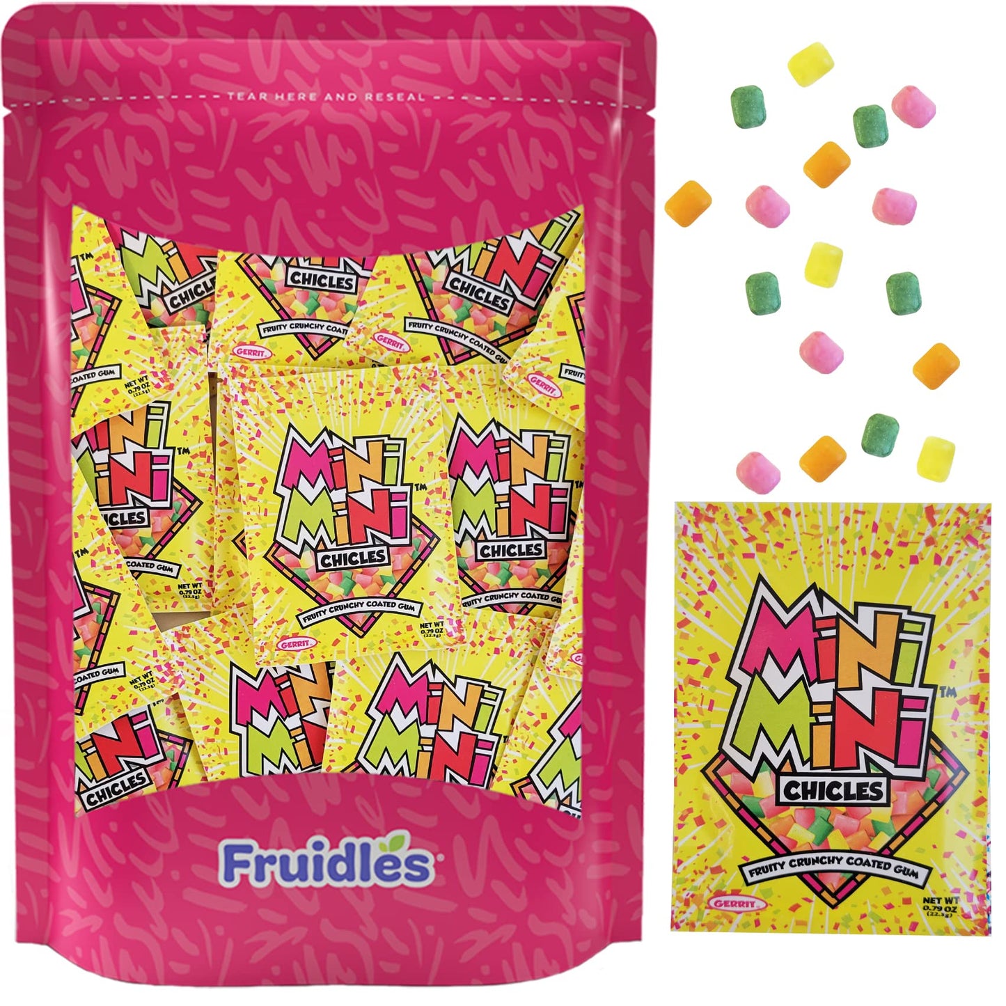 Fruidles Mixed Fruit Flavors Mini Chiclets Gum, Square Chicle Gum Tabs, Crunchy Candy Coated Gum, Candy Buffet Treats, Gluten-Fr