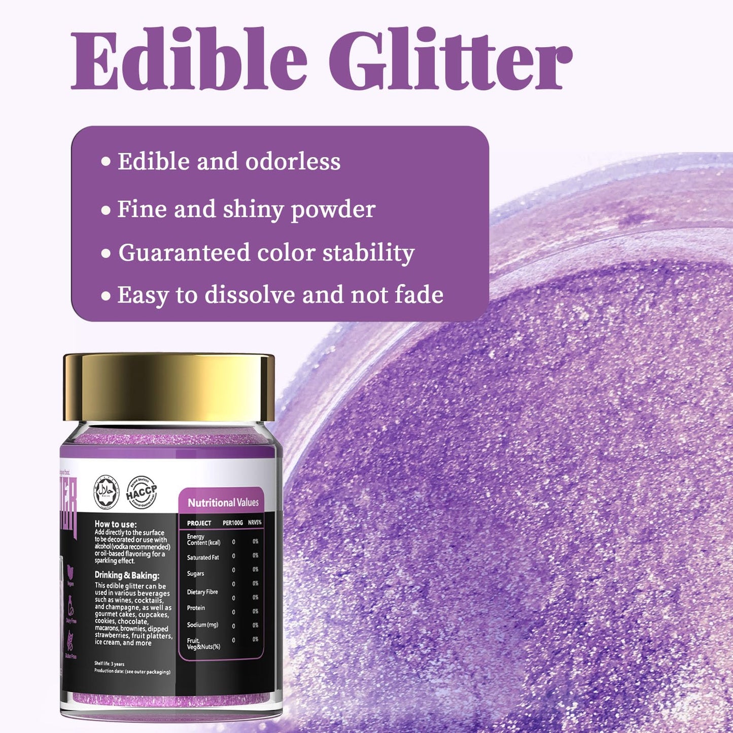 LOCDO Edible Glitter, Food Grade Luster Dust, Vegan, Allergen-Free, Large 15G, Purple
