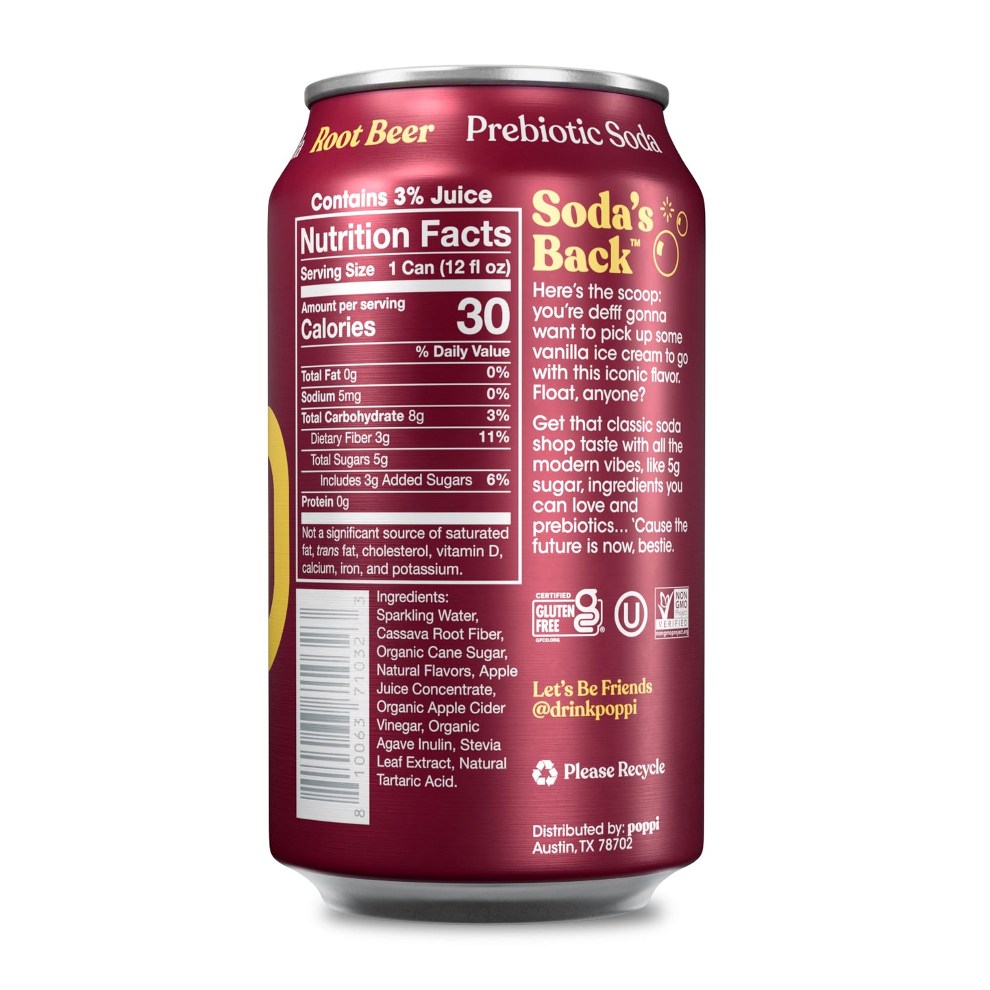 Poppi Sparkling Prebiotic Soda Beverage, Root malt-inspired Flavor, 12 Fl Oz, Pack of 12, Model 0810063710330