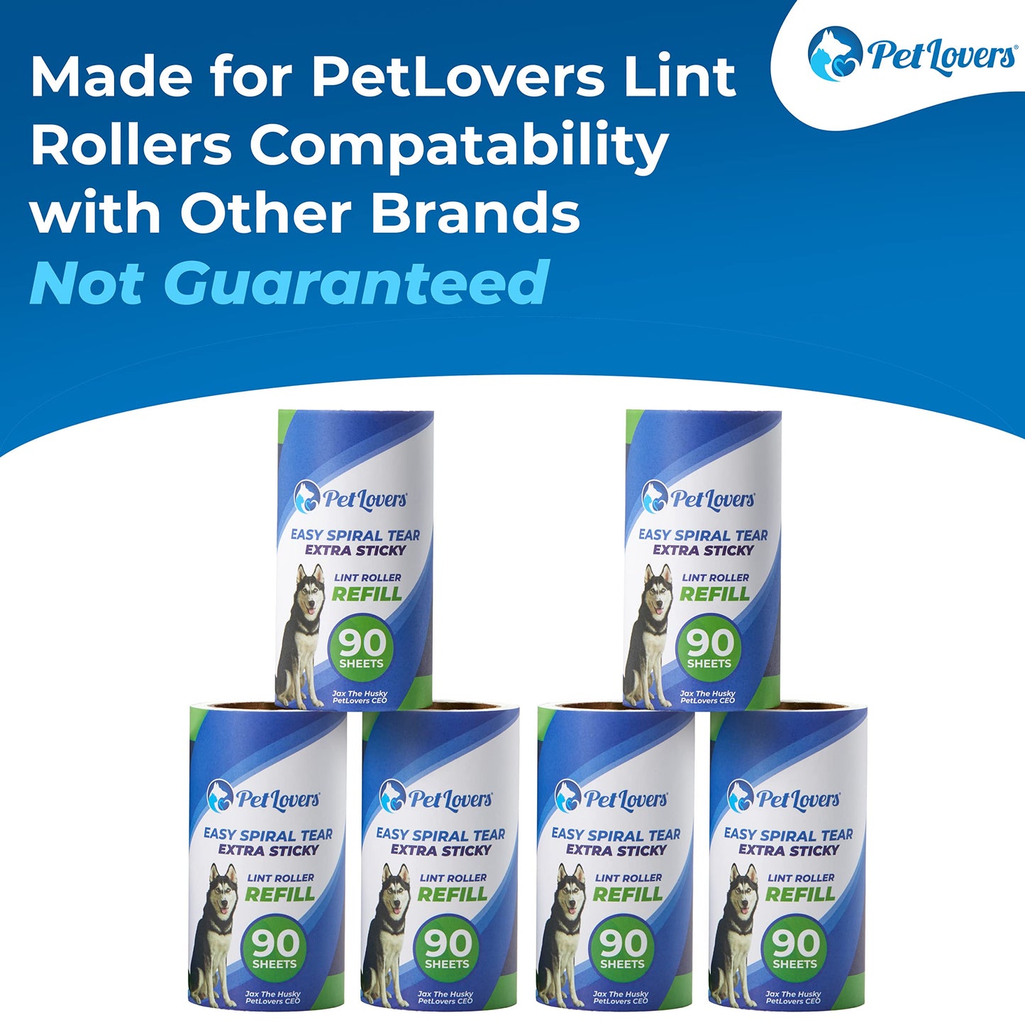 PetLovers Extra Sticky Lint Roller Refills - 6 Pack, 90 Sheets Each, Total 540 Sheets - Blue, No Handle Included