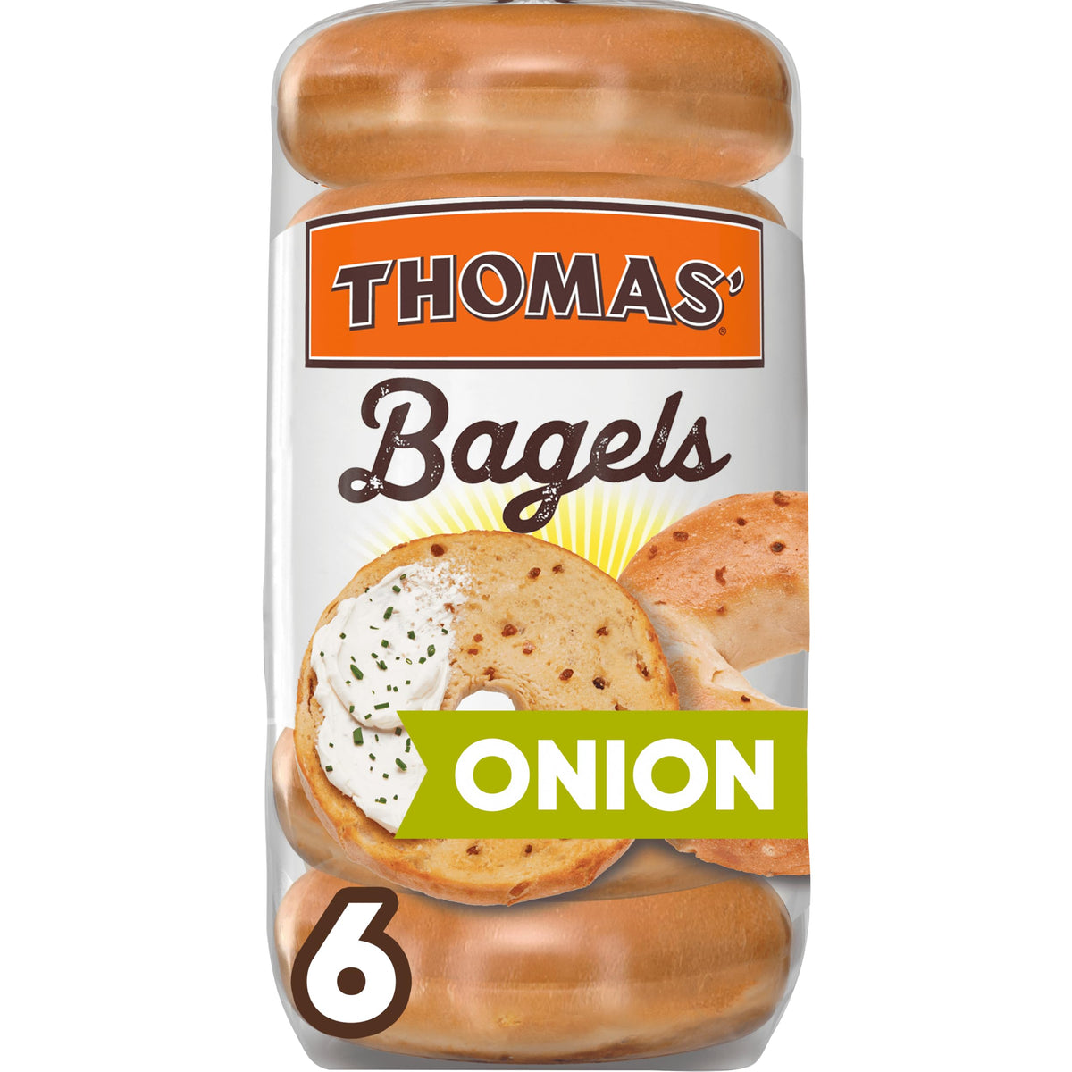 Thomas Onion Bagels, 6 Pre-Sliced Bagels with No High Fructose Corn Syrup, 20 Oz Bag