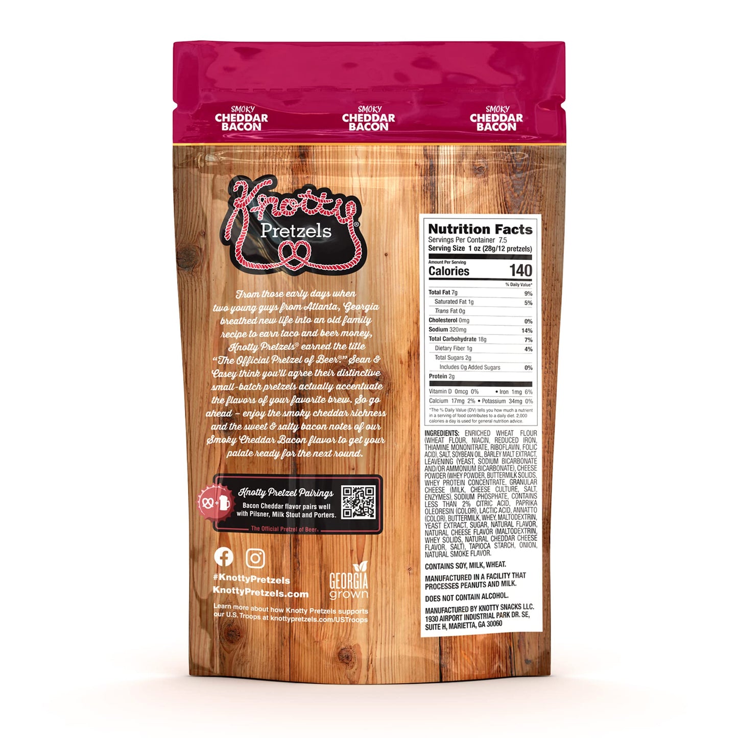 Knotty Pretzels Seasoned Pretzels, Cheddar Bacon Flavor, 7.5 oz (Pack of 6) - Resealable Snack Bags
