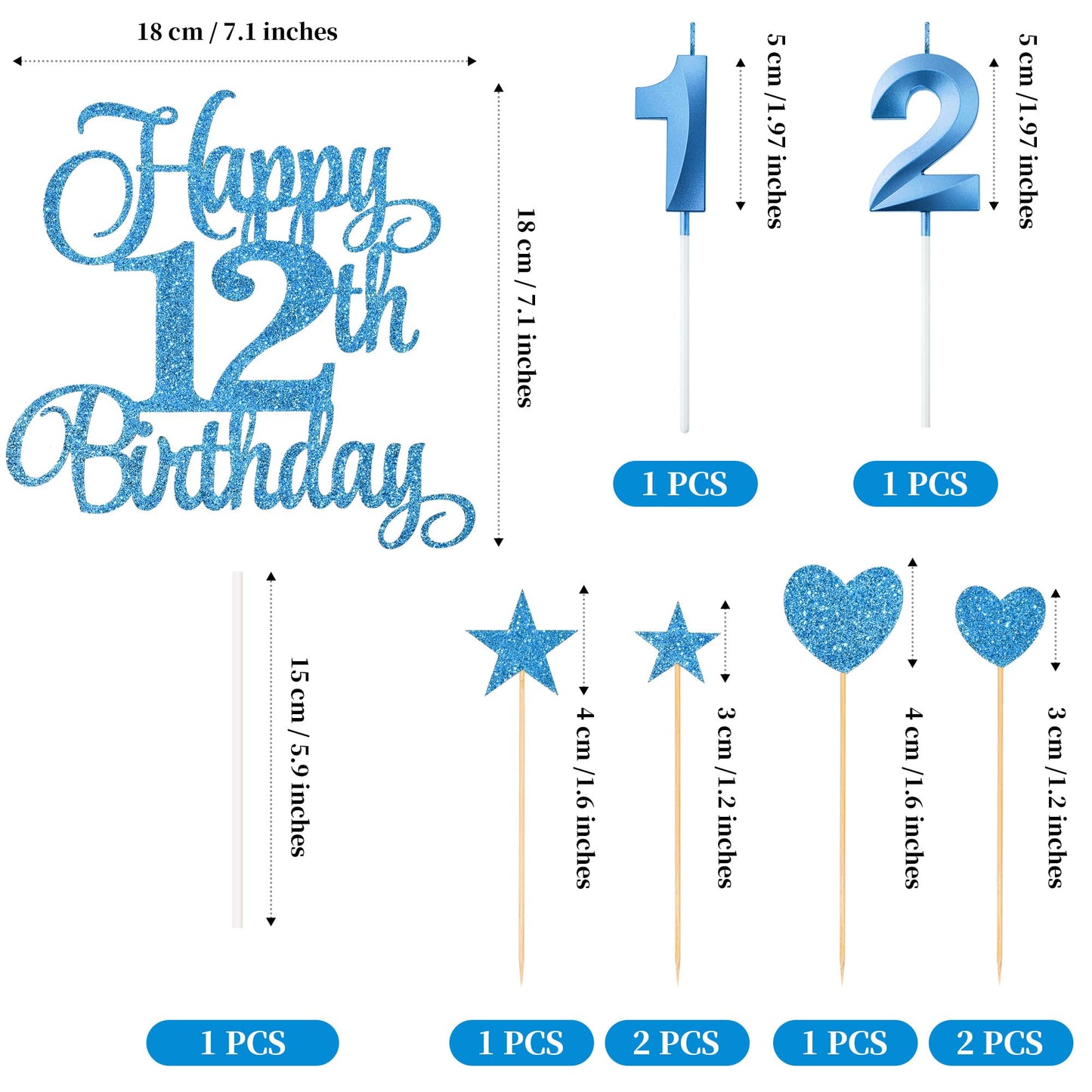 Lecferrarc 12th Birthday Cake Decorations Set, Blue Glitter Happy 12th Birthday Candles and Toppers