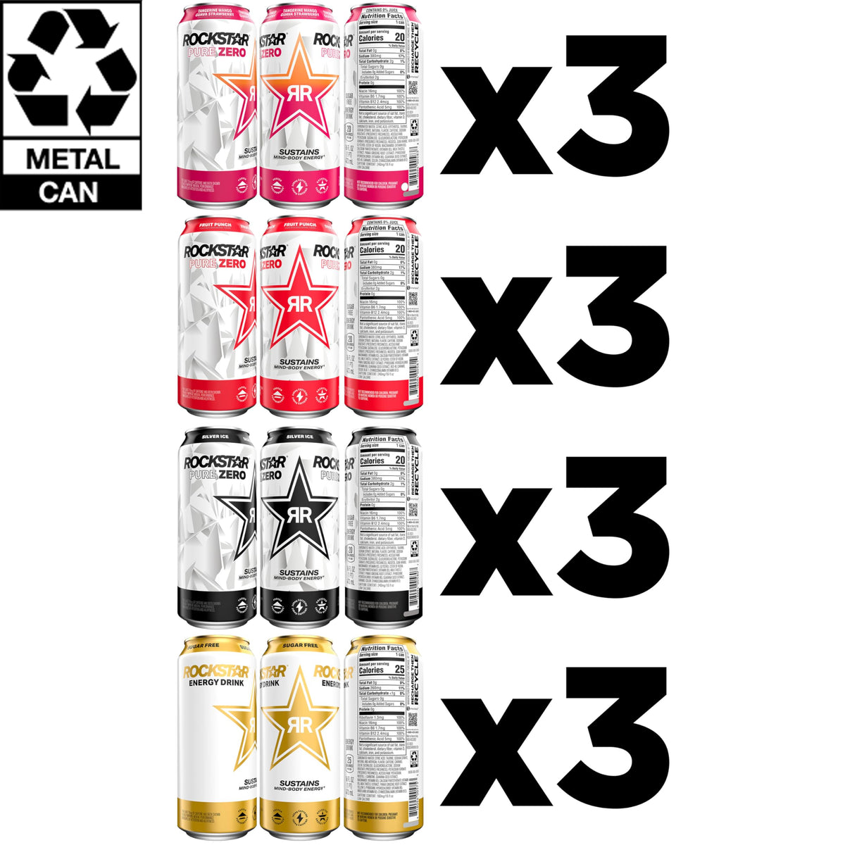 Rockstar Pure Zero Energy Drink Variety Pack, 0 Sugar, Caffeine, 16oz Cans, Assorted Flavors, 12 Pack