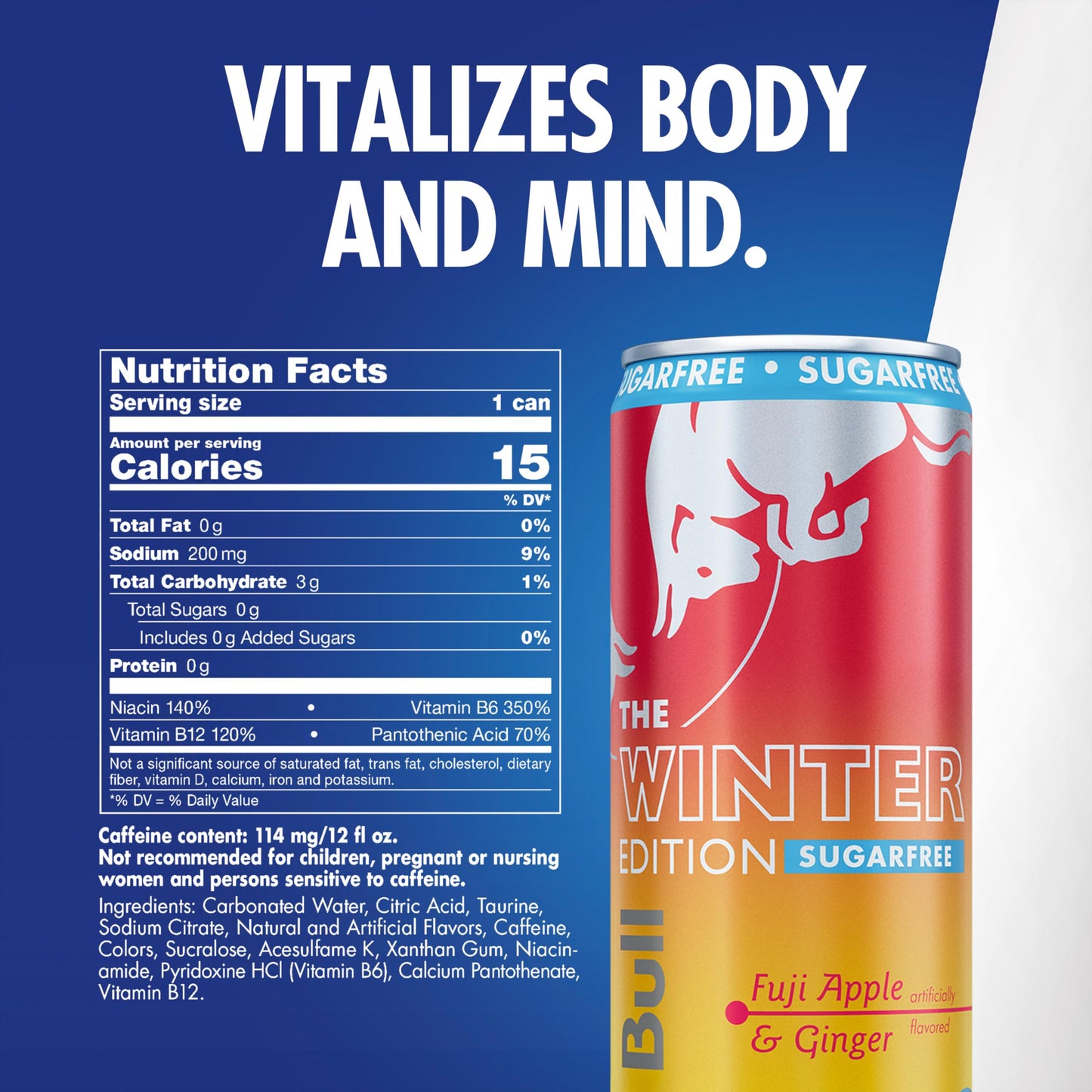 Red Bull Sugar-Free Fuji Apple and Ginger Winter Edition Energy Drink  with 80mg Caffeine plus Taurine & B Vitamins  12 Fl Oz  Pack of 24 Cans
