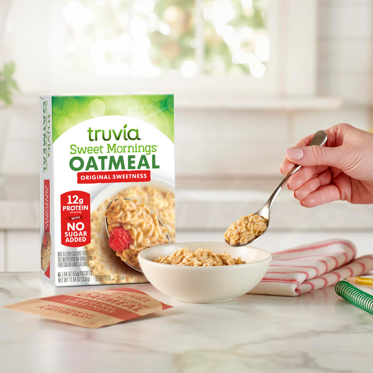 Truvia Sweet Mornings Original Instant Rolled Oat Oatmeal Packets, 12 G Protein, No Sugar Added (6 packets)