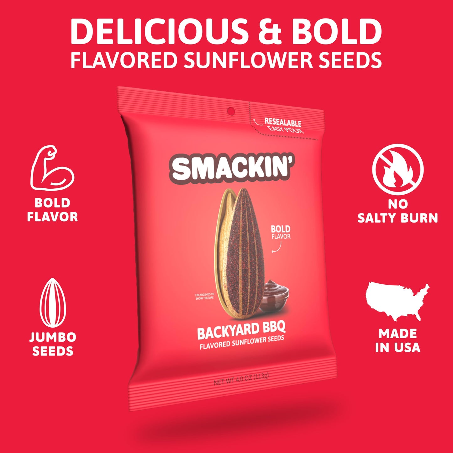 SMACKIN - Jumbo Roasted Sunflower Seeds  No Salty Burn  American Made  Easy Pour & Seal - Backyard BBQ  4oz bag (12 Bags)