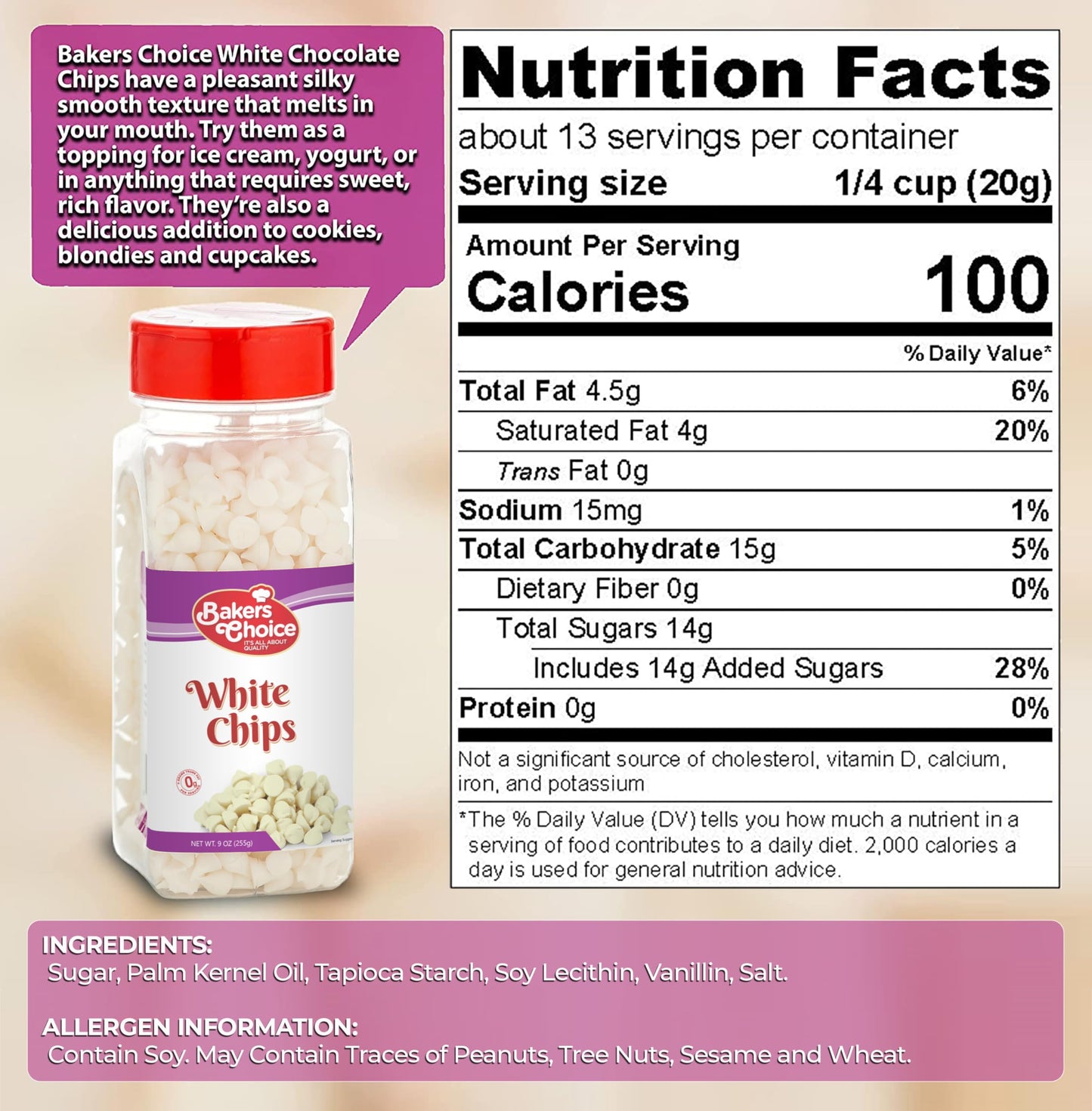 White Chocolate Flavored Chips Non Dairy, Kosher 9 ounce. Bakers Choice.