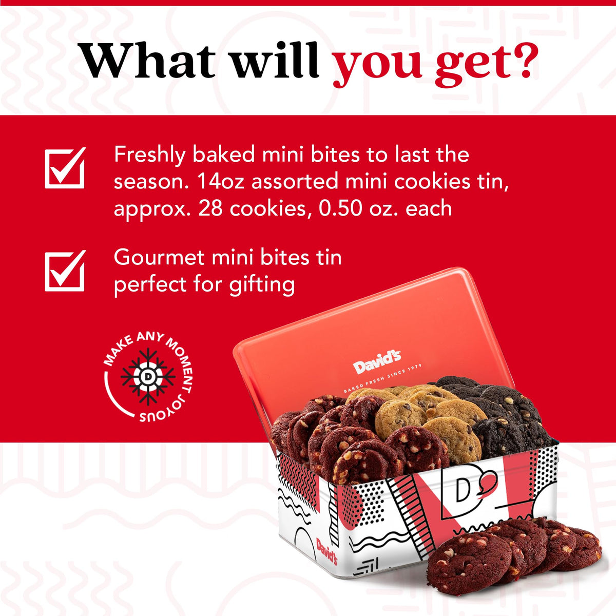 Davids Cookies Fresh-Baked Sweet Sampler Mini Bites Tin - 14oz Assorted Mini Cookies with Chocolate Chip, Chocolate & White Cho