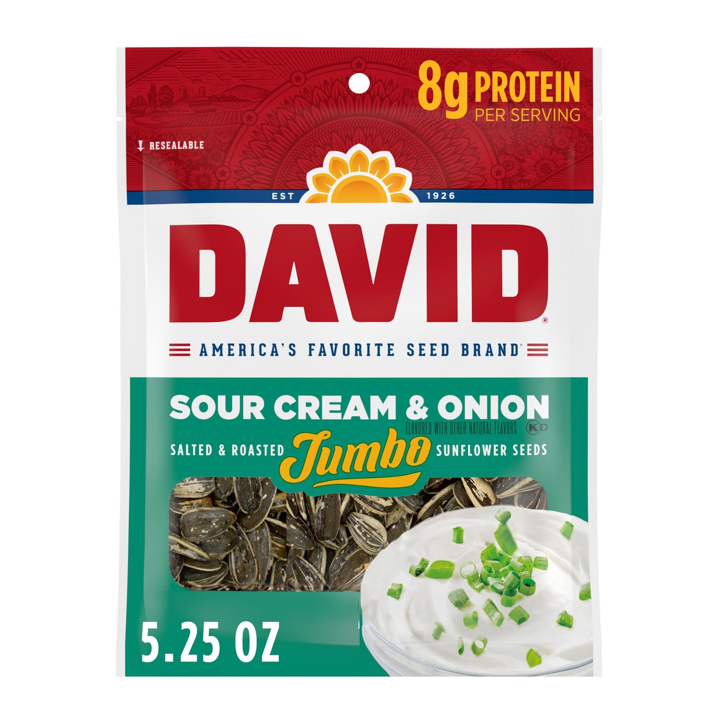 David Seeds Sour Cream & Onion Jumbo Sunflower Seeds  Keto Friendly  5.25-Oz. Resealable Bag (Pack Of 12)