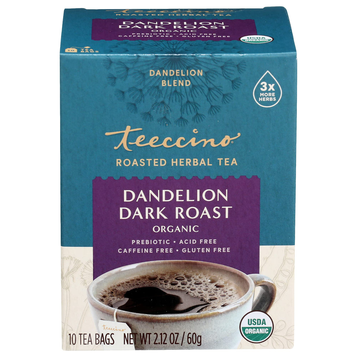 Teeccino Dandelion Dark Roast Herbal Tea - Caffeine Free, Organic, 10 Count