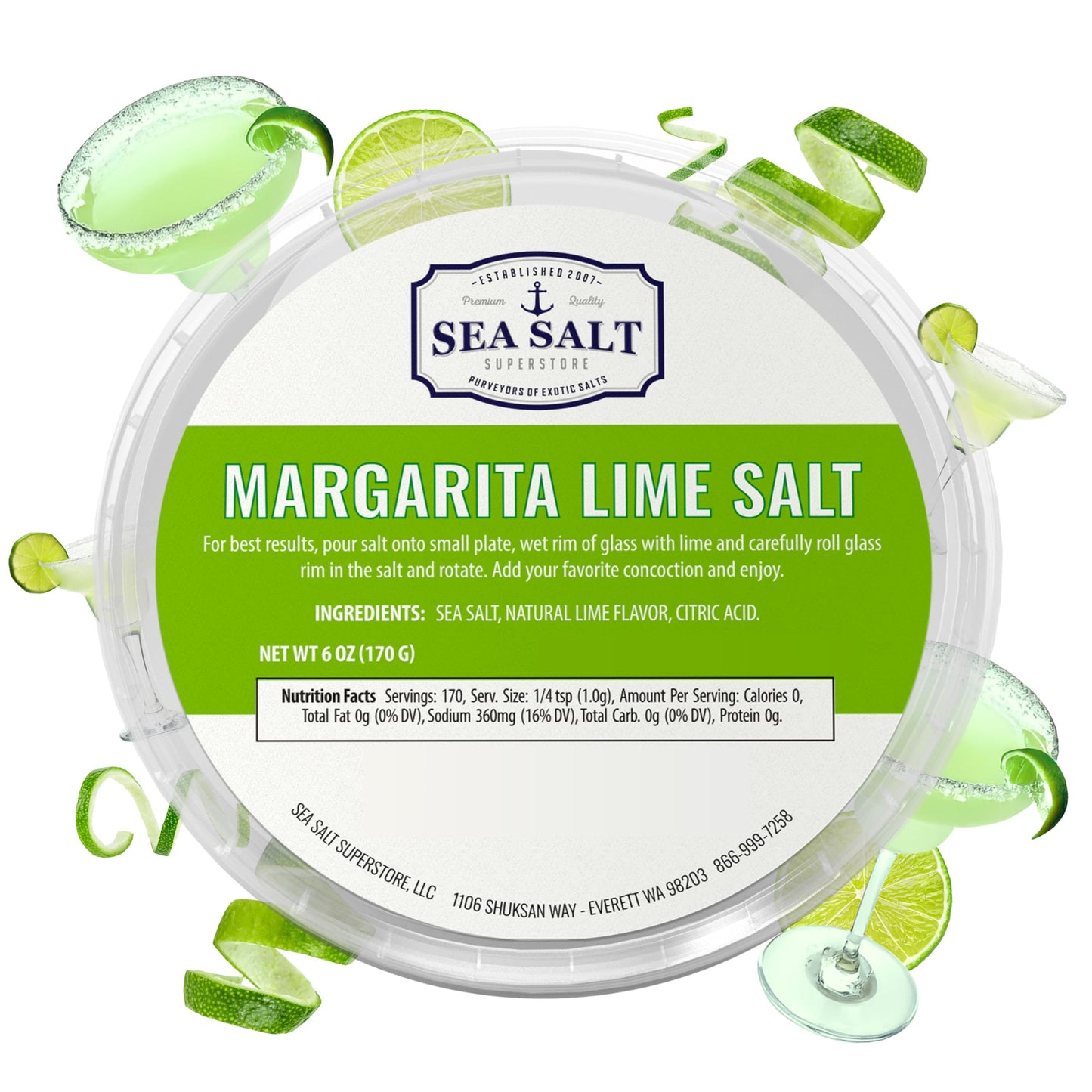 Sea Salt Superstore Margarita Lime Salt Garnishing, 6 oz Tub, Natural Flavor for Cocktails and Drinks