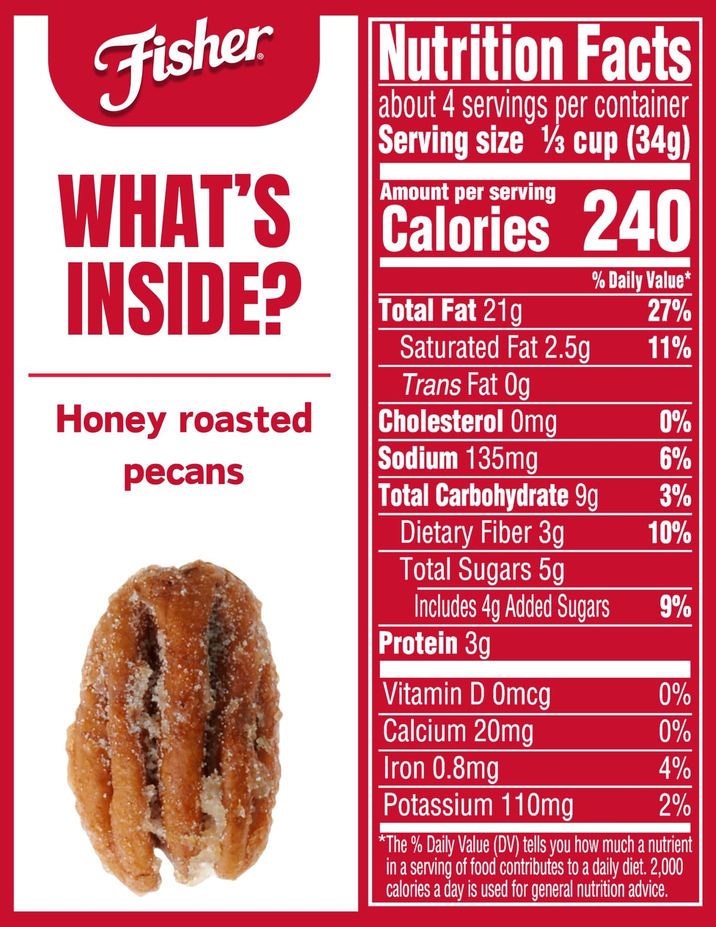 Fisher Snack Honey Roasted Pecans, Stand-Up Bag, 4.5 Oz