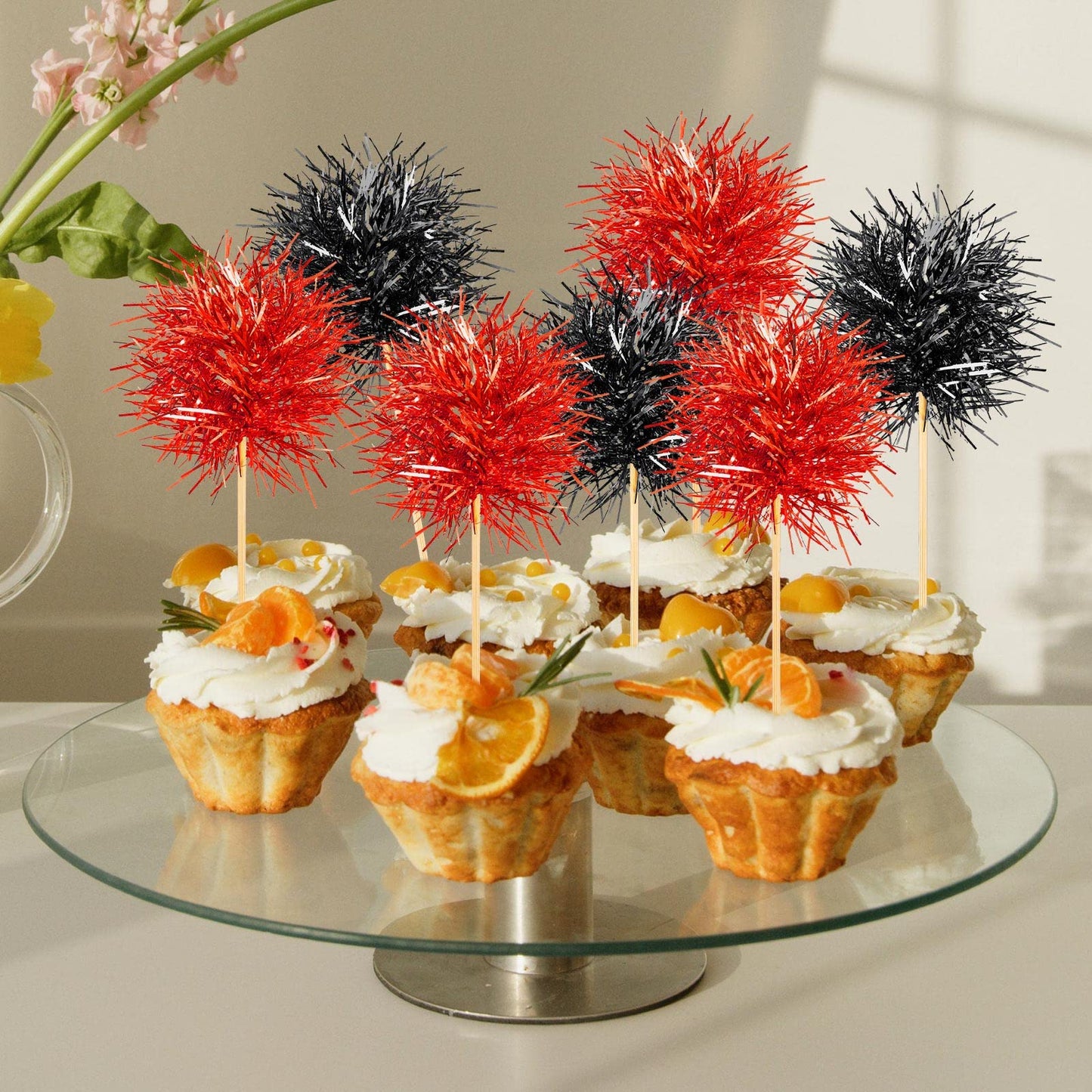 Chinco Foil Firework Cupcake Toppers, 100 Pcs, 6 x 1.77 inches, Red and Black, Cake Decoration for Parties