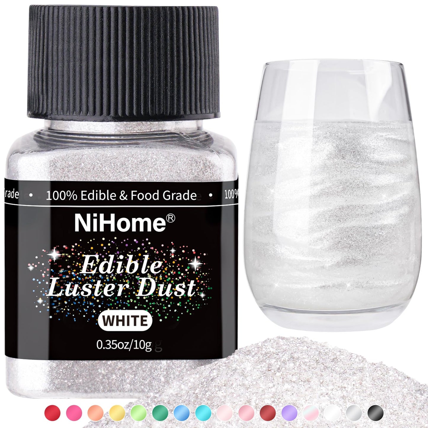 NiHome Edible Glitter Powder for Food Decorating, 10g, White, Vegan, Allergen-Free