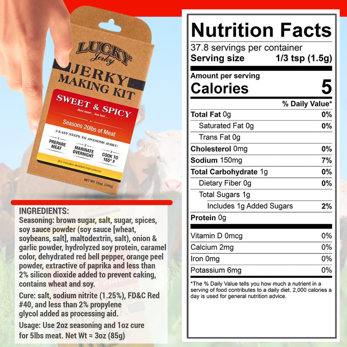 Lucky Beef Jerky DIY Jerky Seasoning and Cure Kits - Variety Pack with Six Flavors | Make Your Own with Sweet and Spicy  Peppered  Red Pepper  Teriyaki  BBQ  and Original- Season 120lbs of Meat